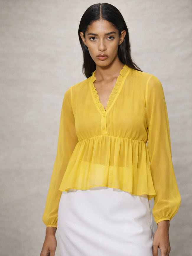 Women Yellow Frill Neck Peplum Top