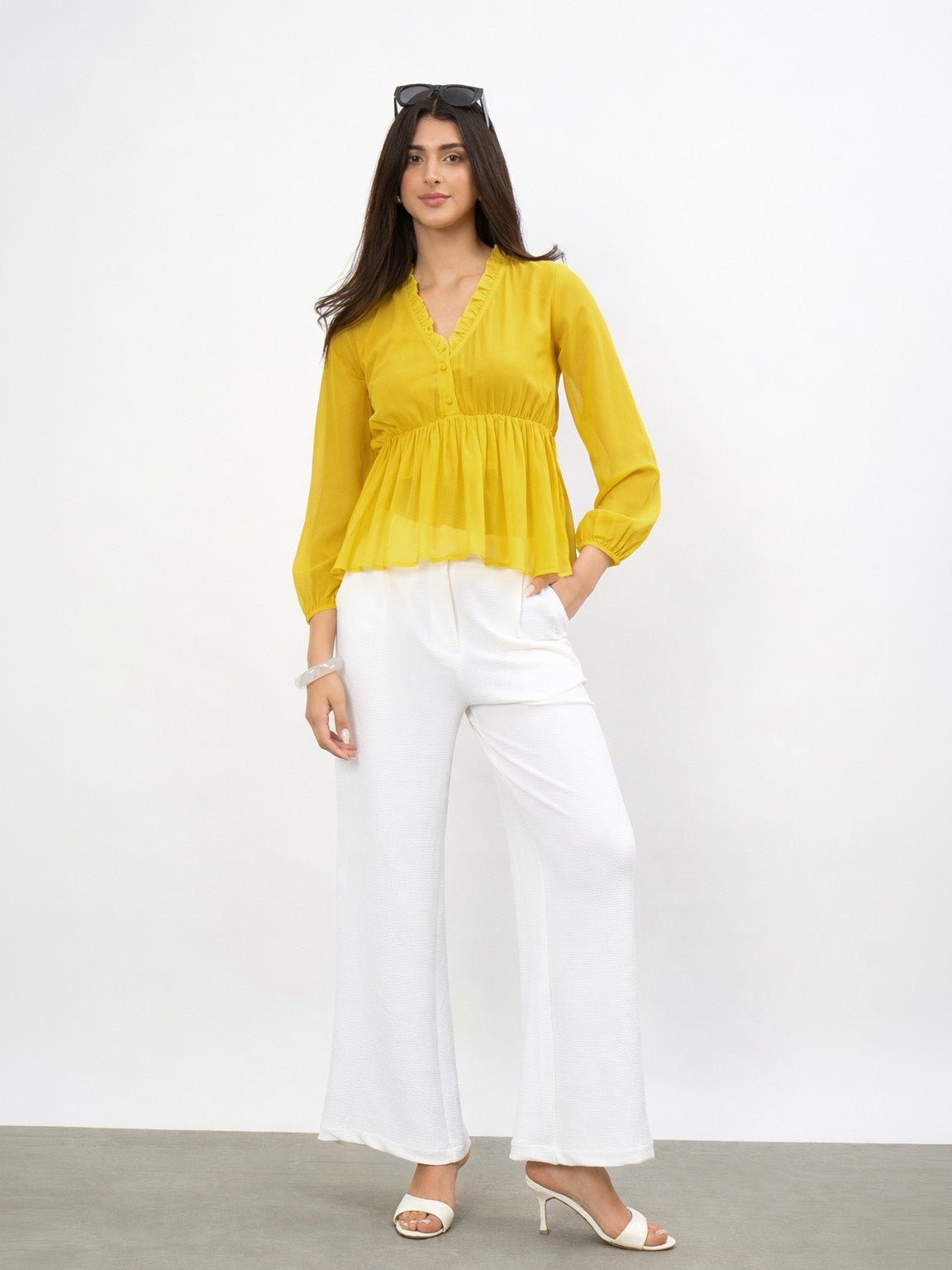 Women Yellow Frill Neck Peplum Top