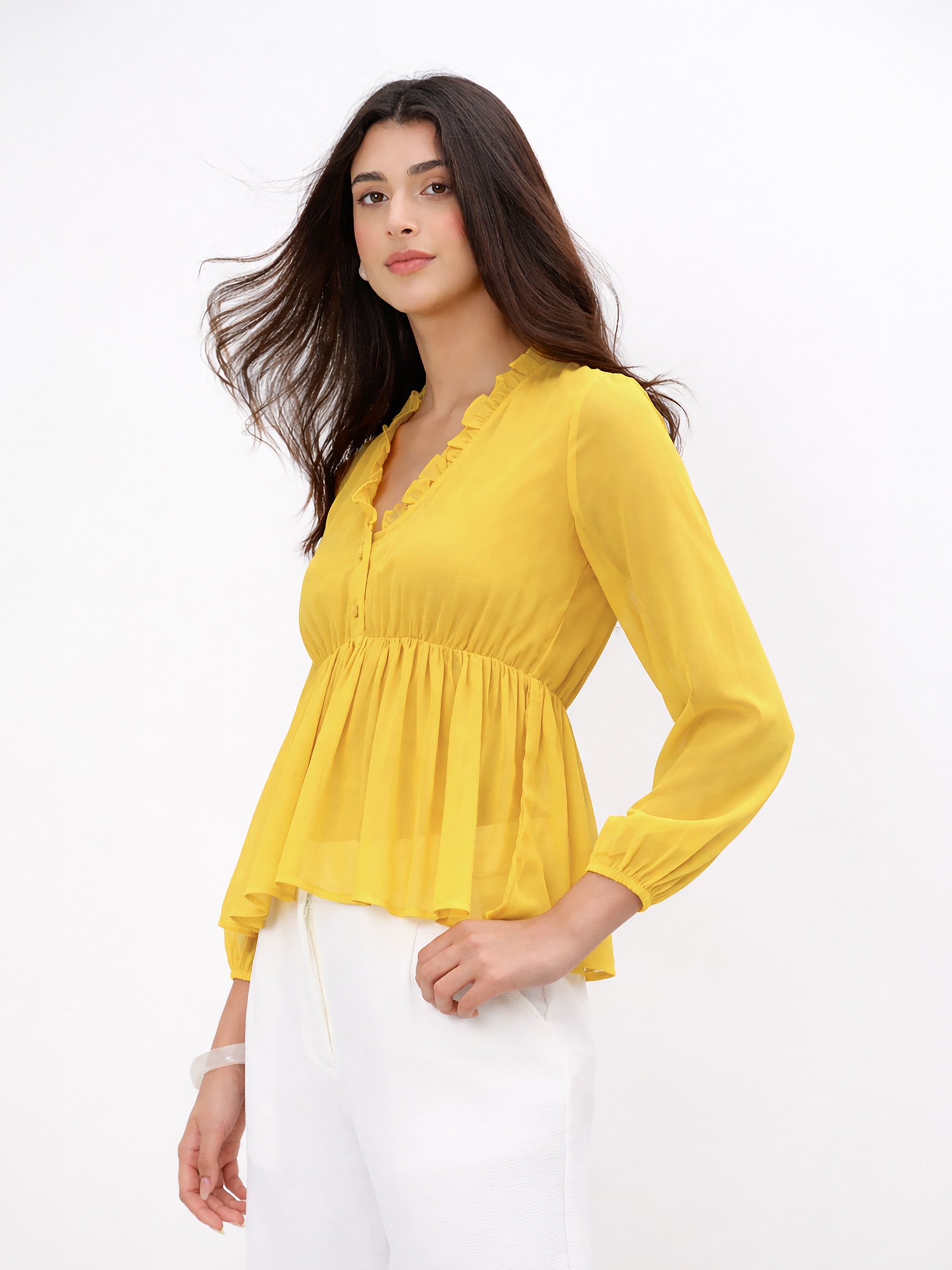 Women Yellow Frill Neck Peplum Top