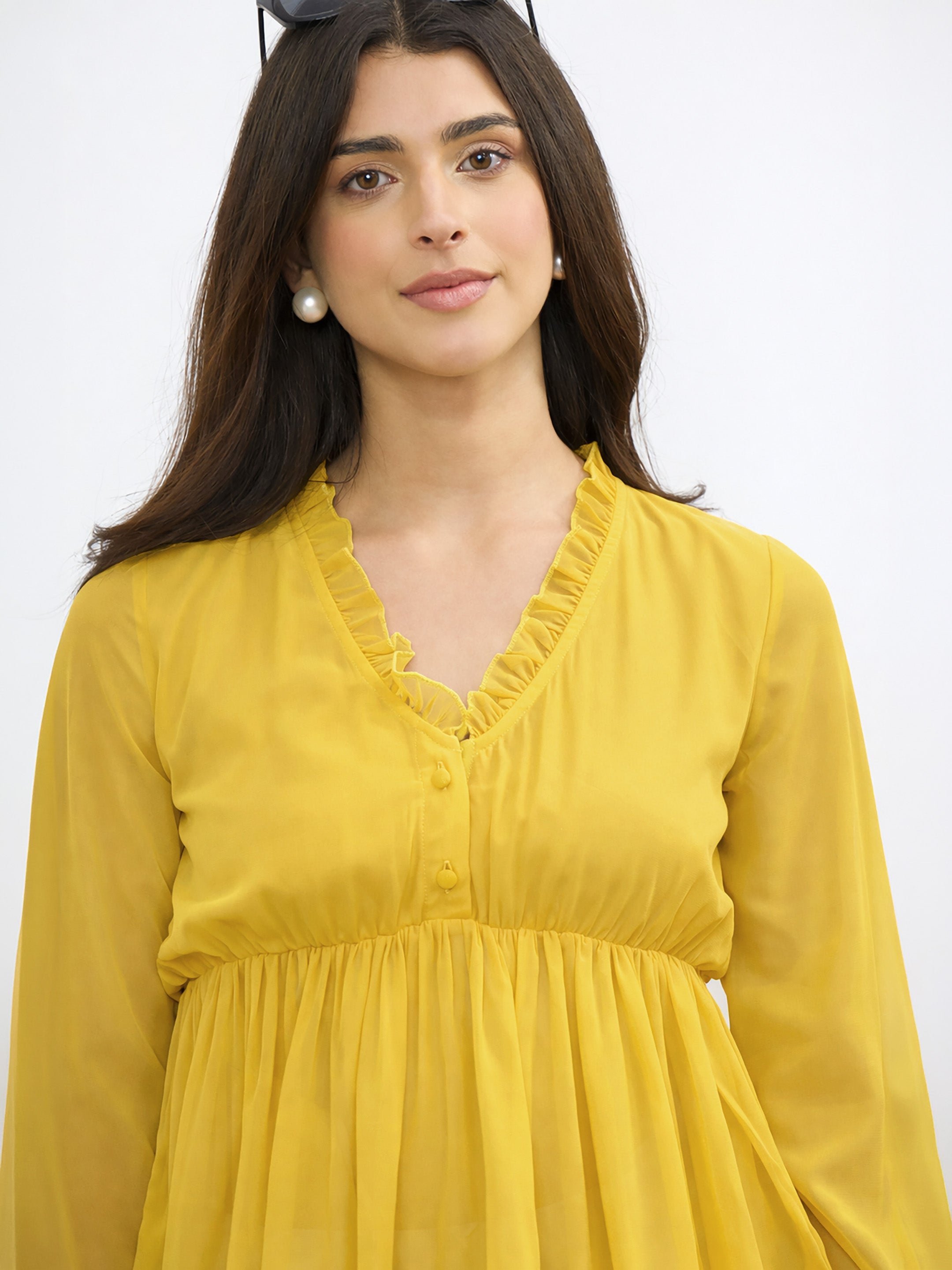 Women Yellow Frill Neck Peplum Top