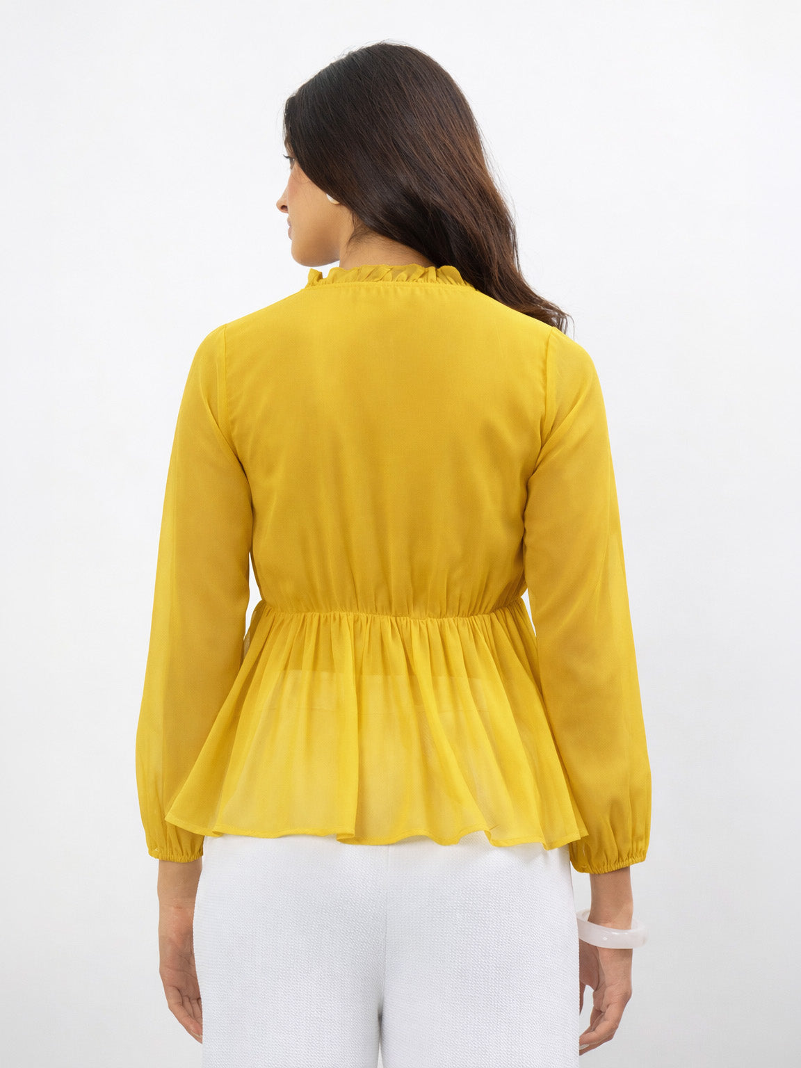 Women Yellow Frill Neck Peplum Top