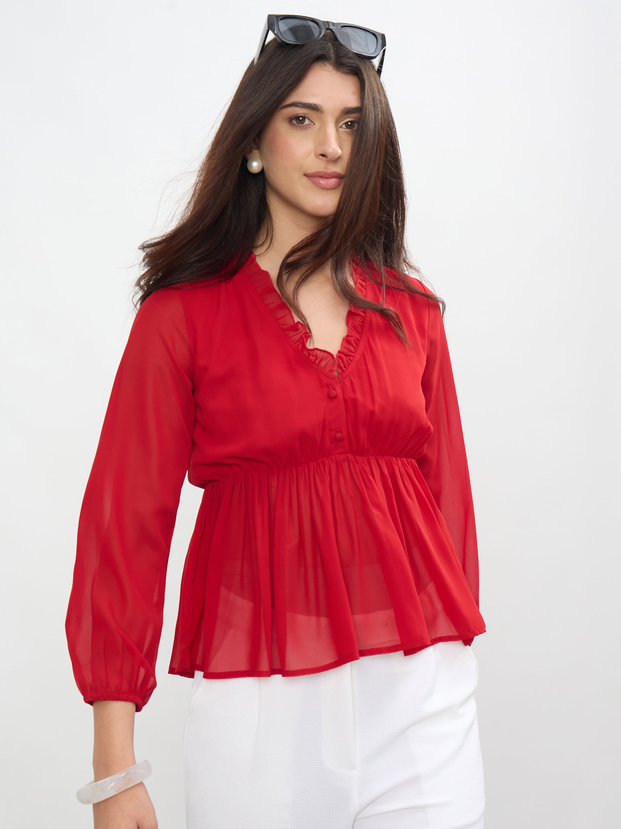 Women Red Frill Neck Peplum Top