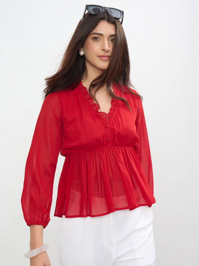 Women Red Frill Neck Peplum Top