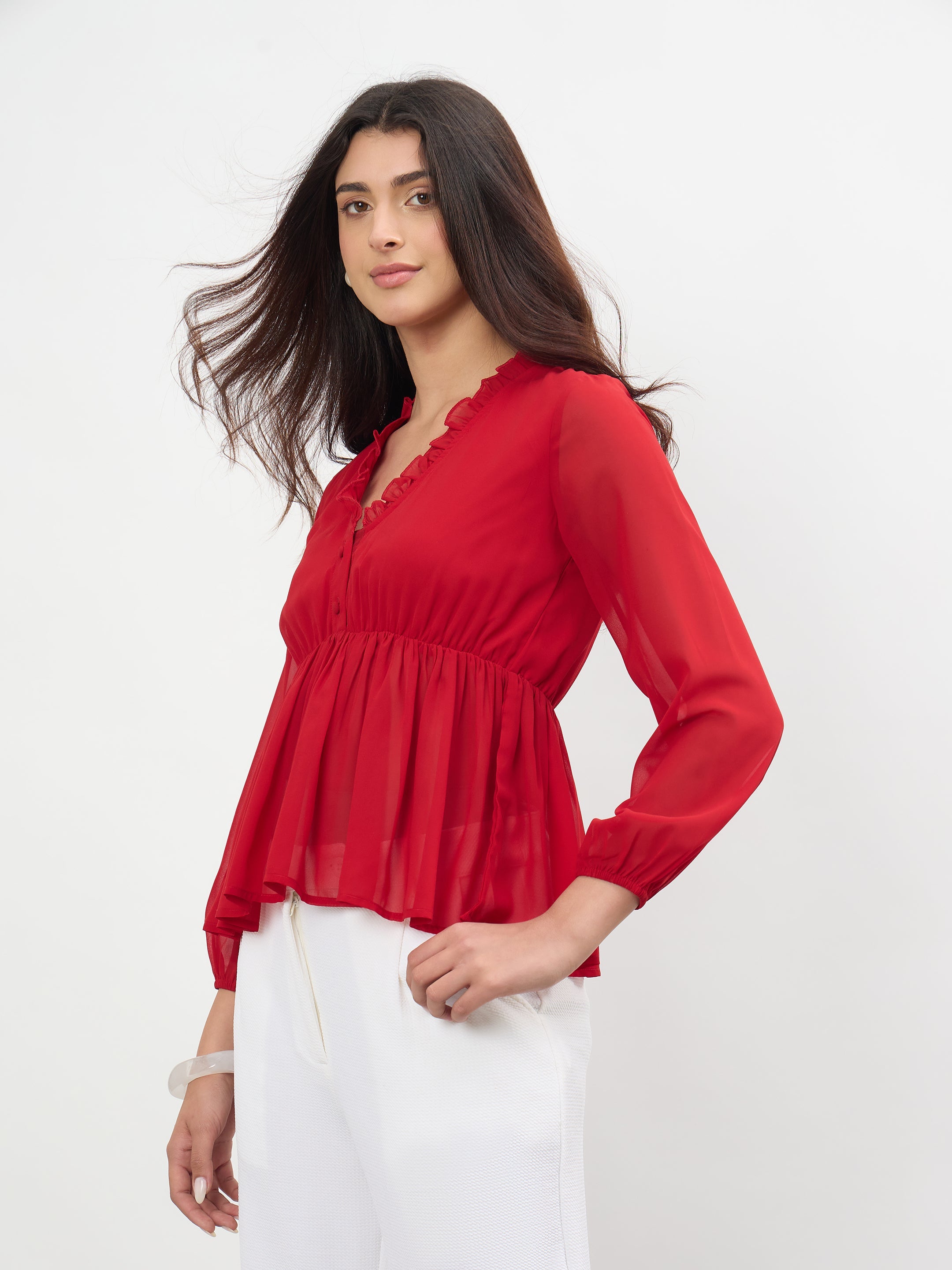 Women Red Frill Neck Peplum Top