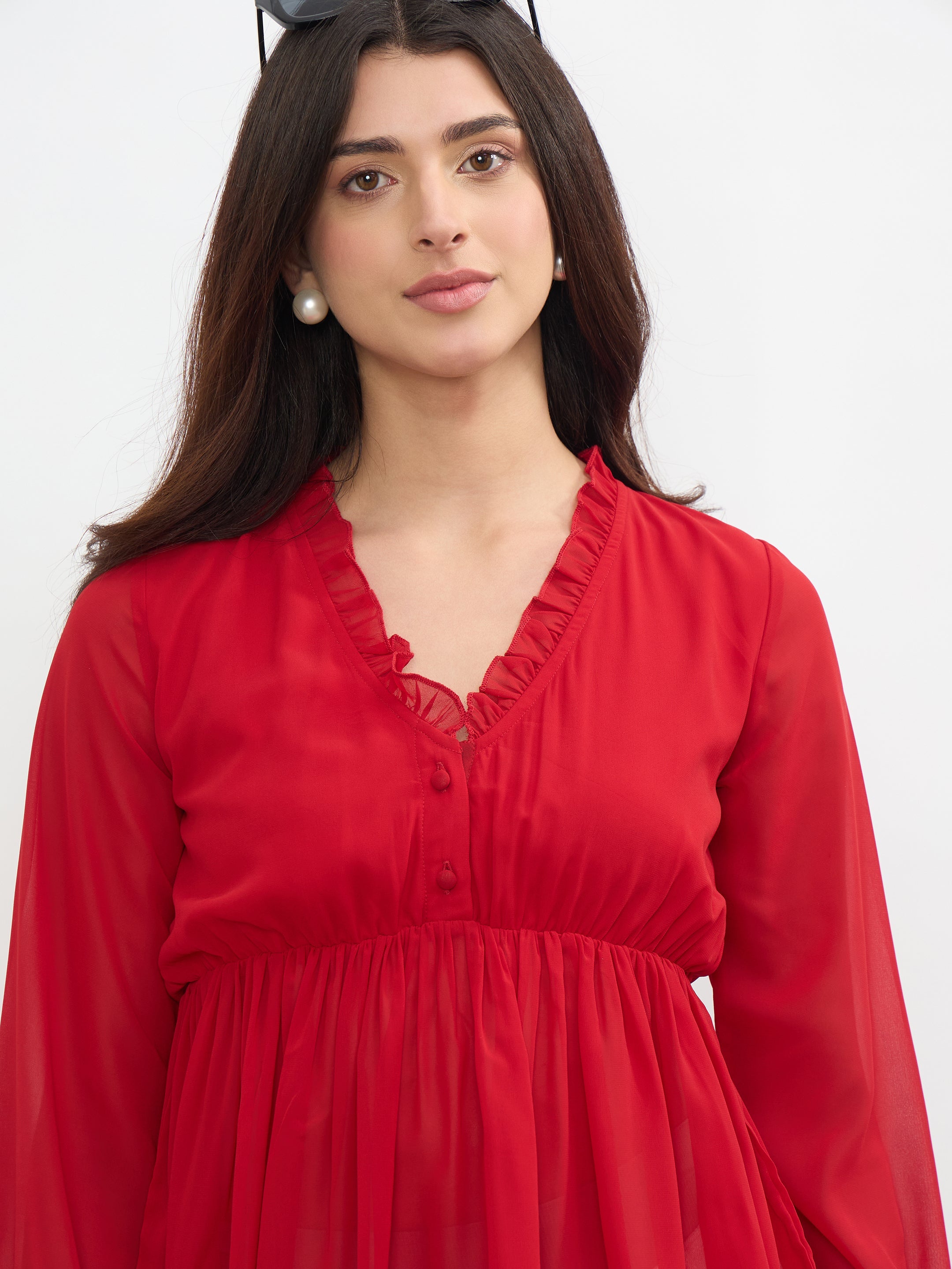 Women Red Frill Neck Peplum Top