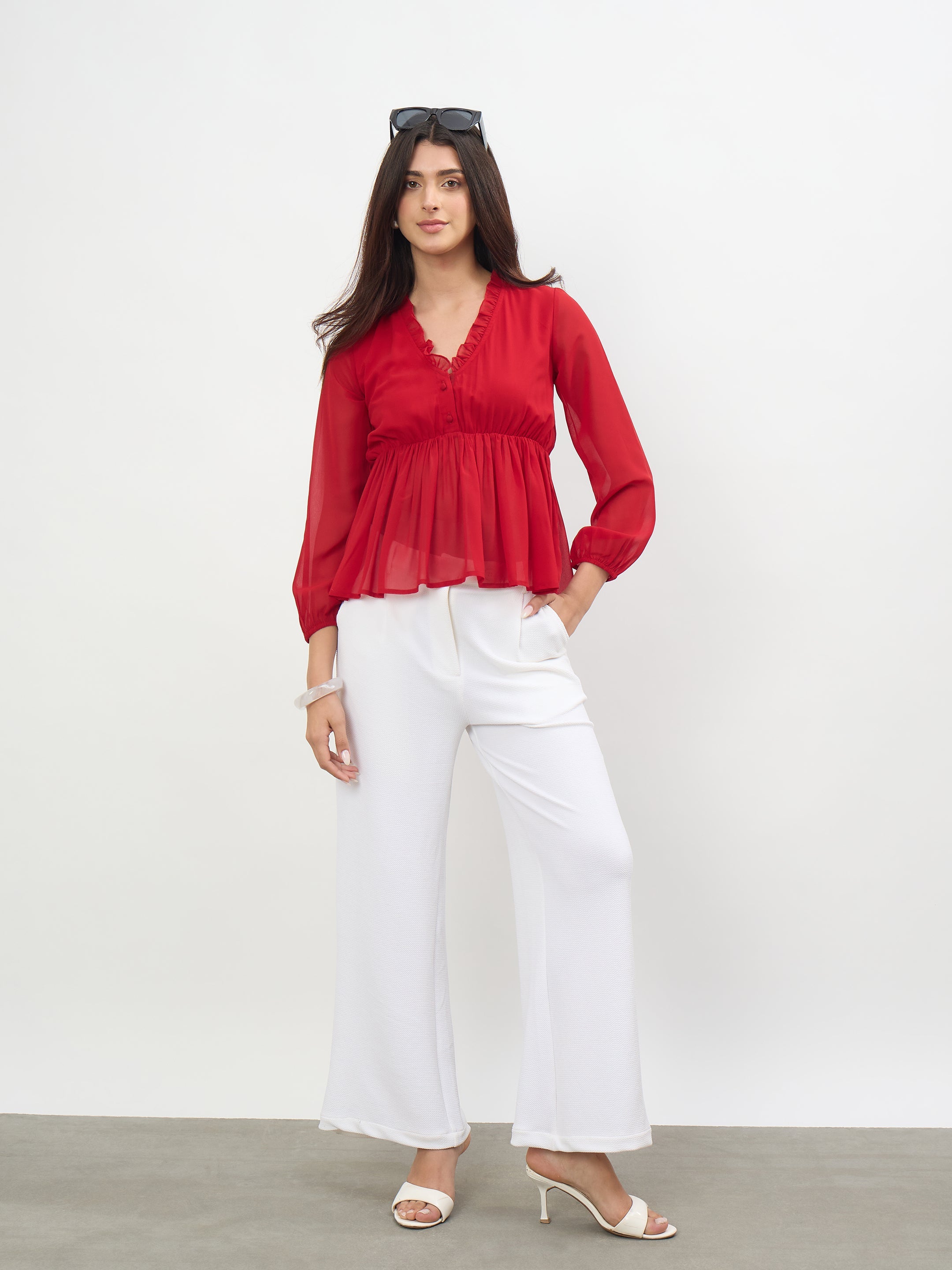 Women Red Frill Neck Peplum Top