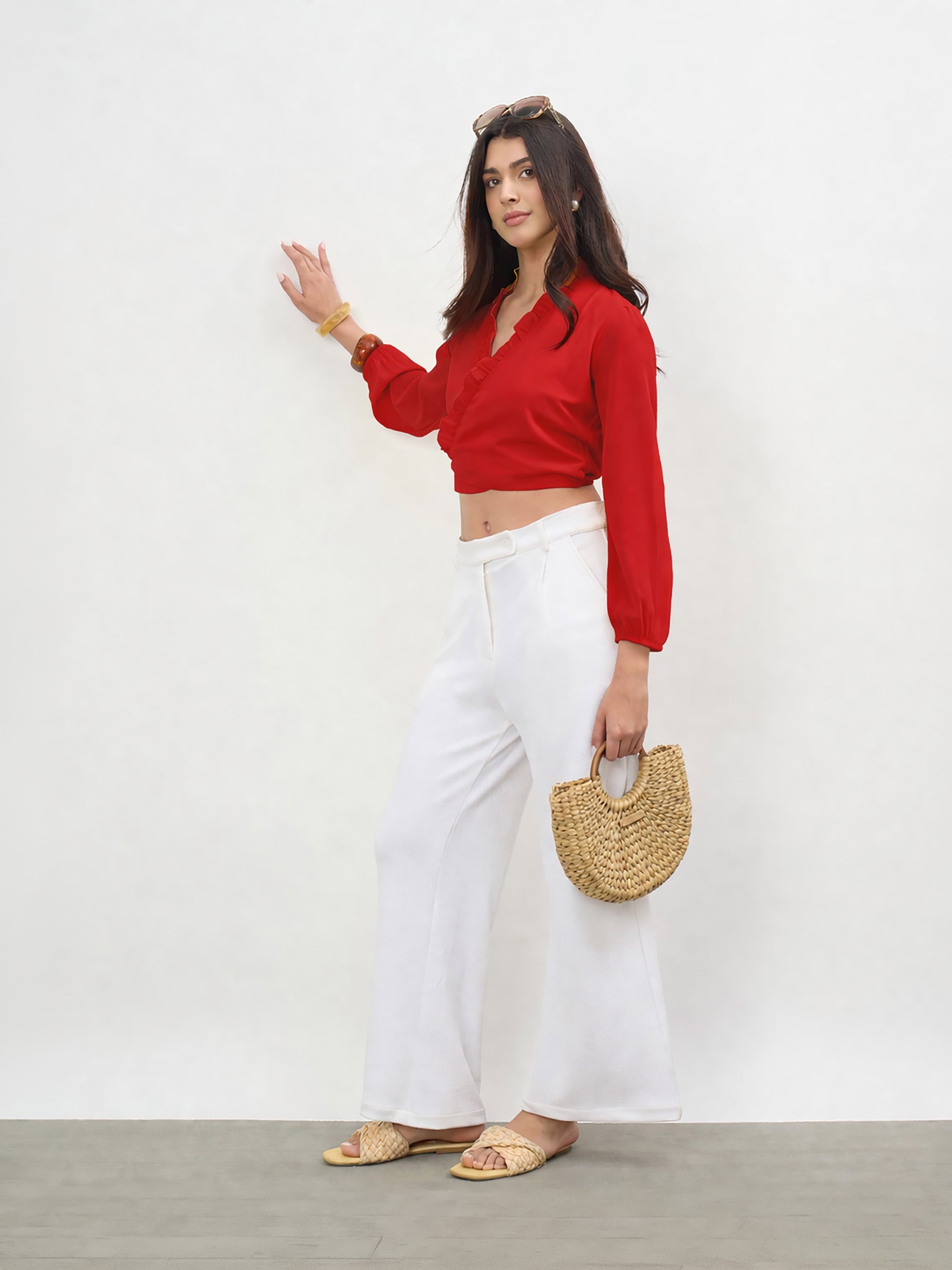 Women Red Frill Detail Wrap Top
