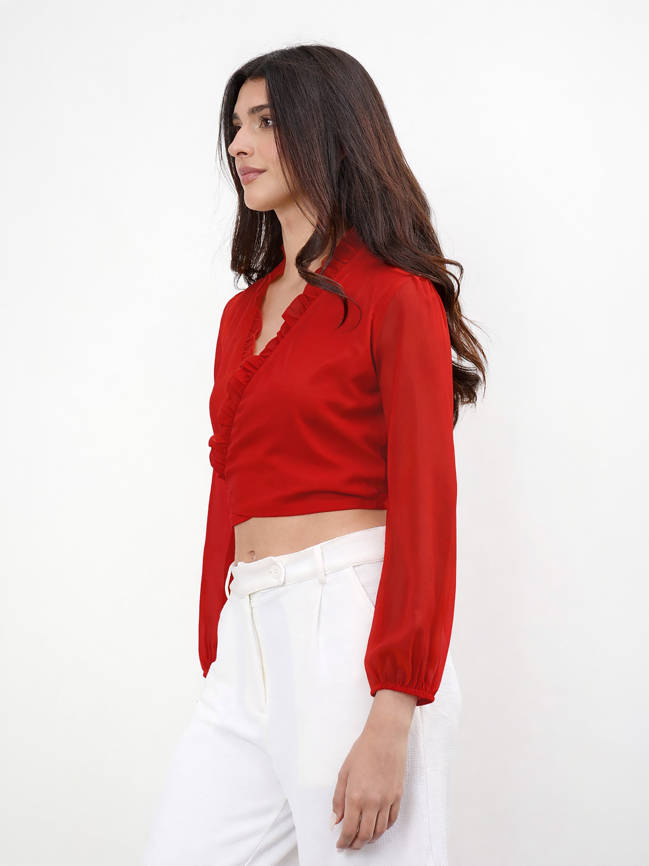 Women Red Frill Detail Wrap Top