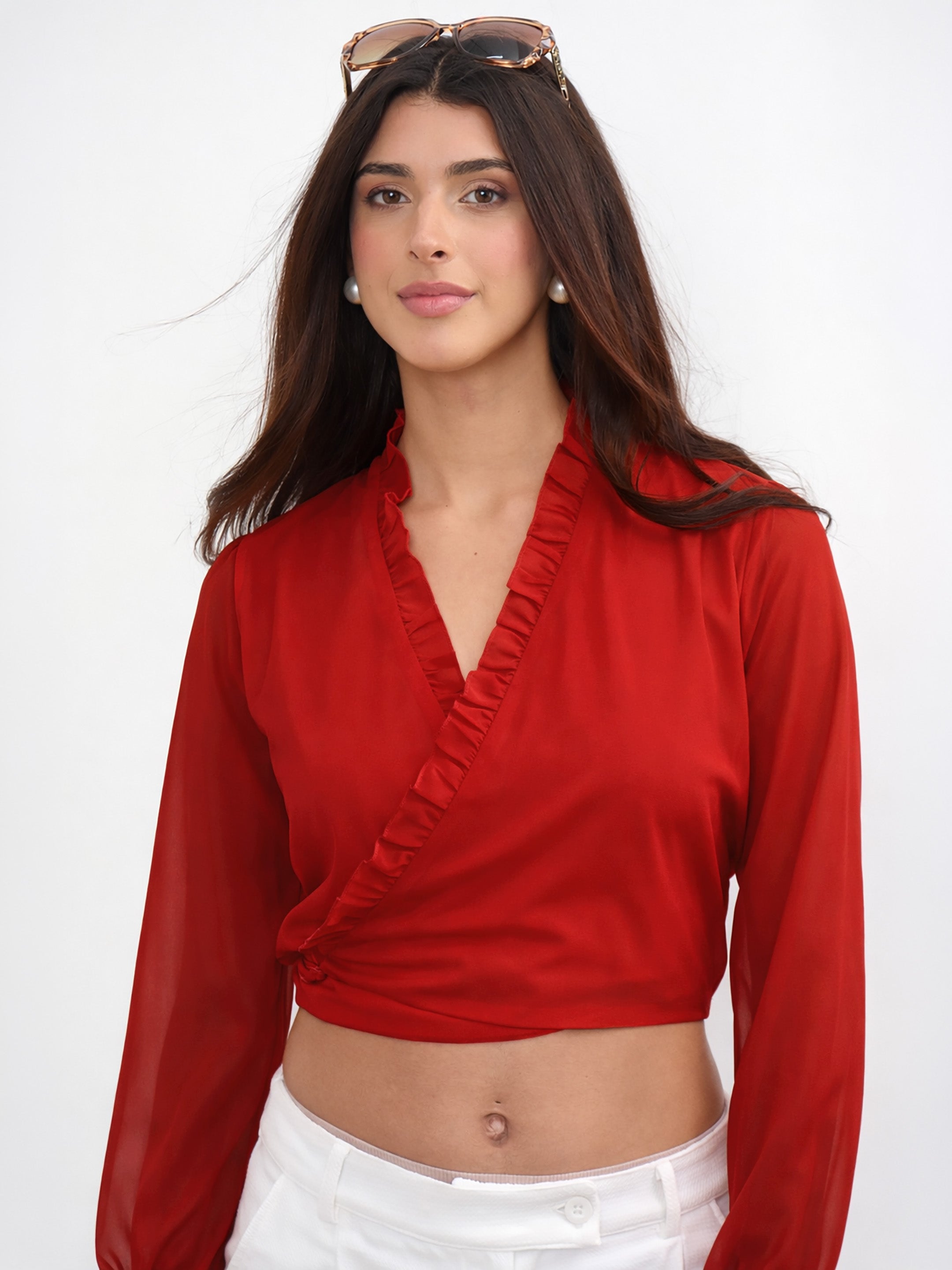 Women Red Frill Detail Wrap Top