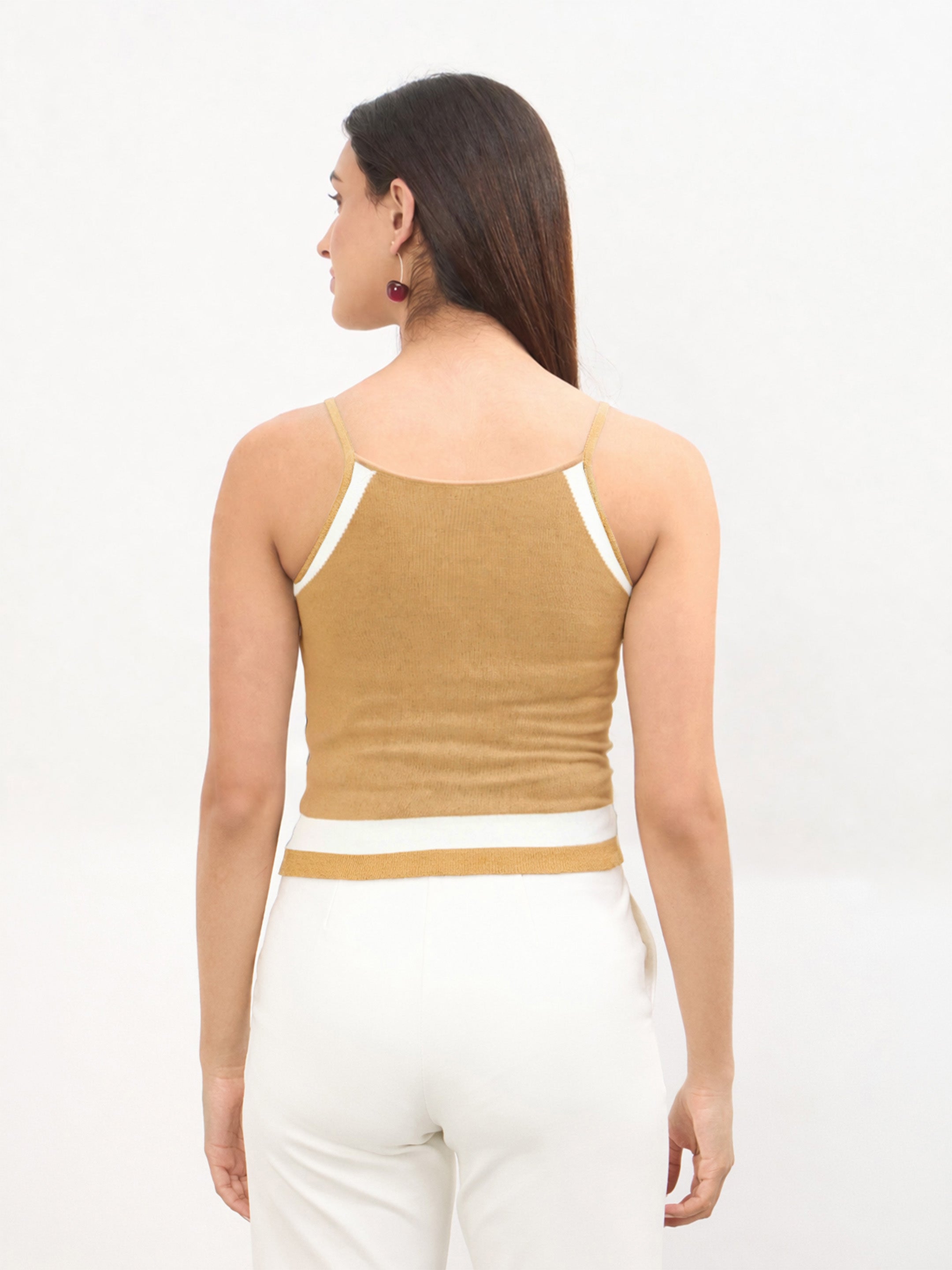 Women Beige & White Strappy Regular Top