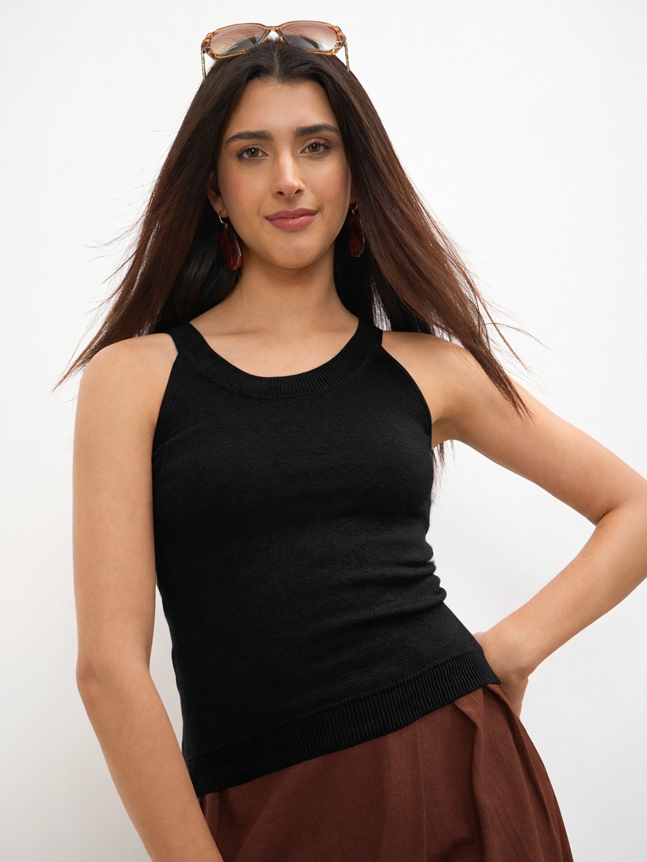 Women Black Halter Neck Sleeveless Top