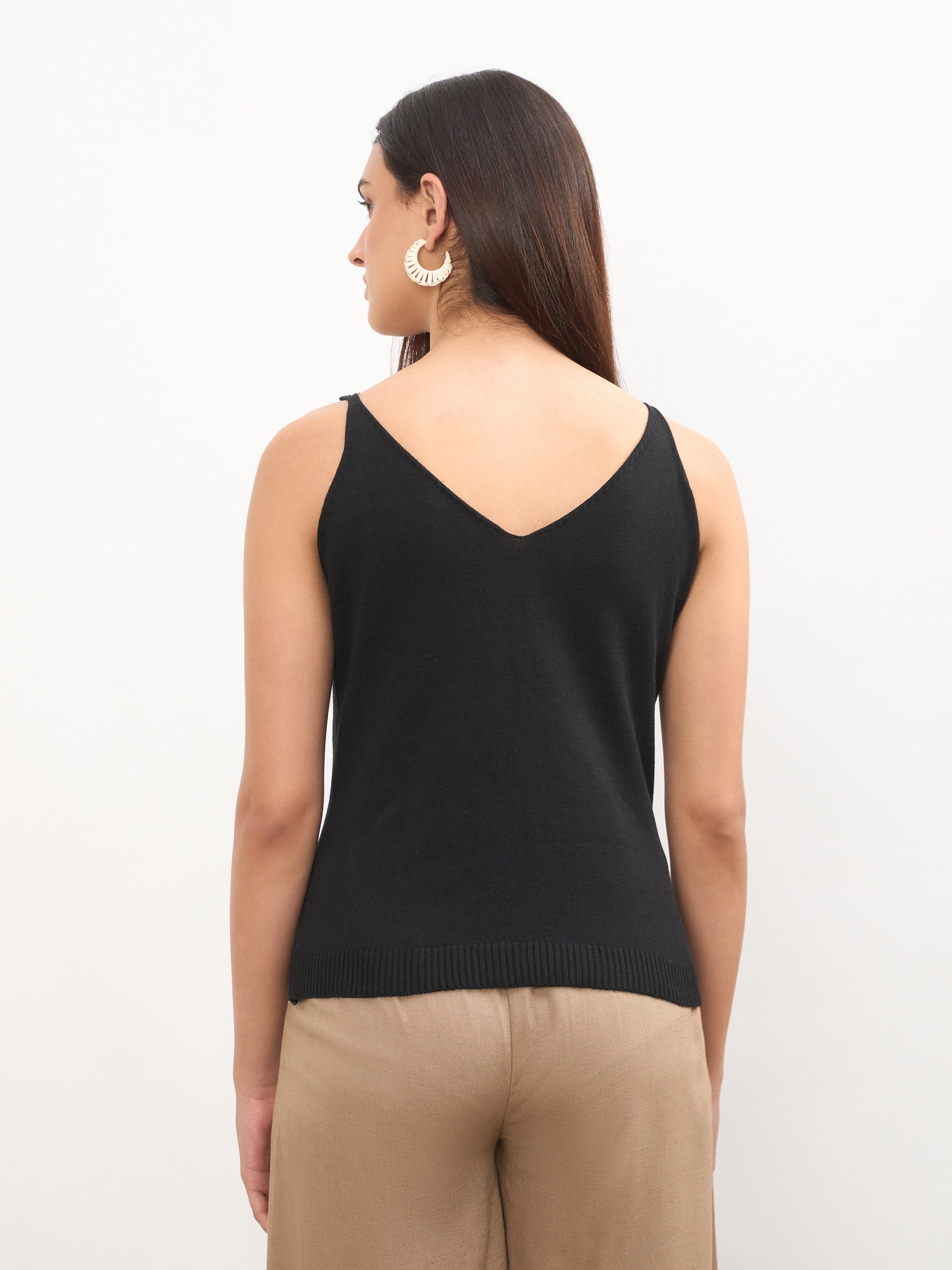 Women Black V-Neck Regular Strappy Top