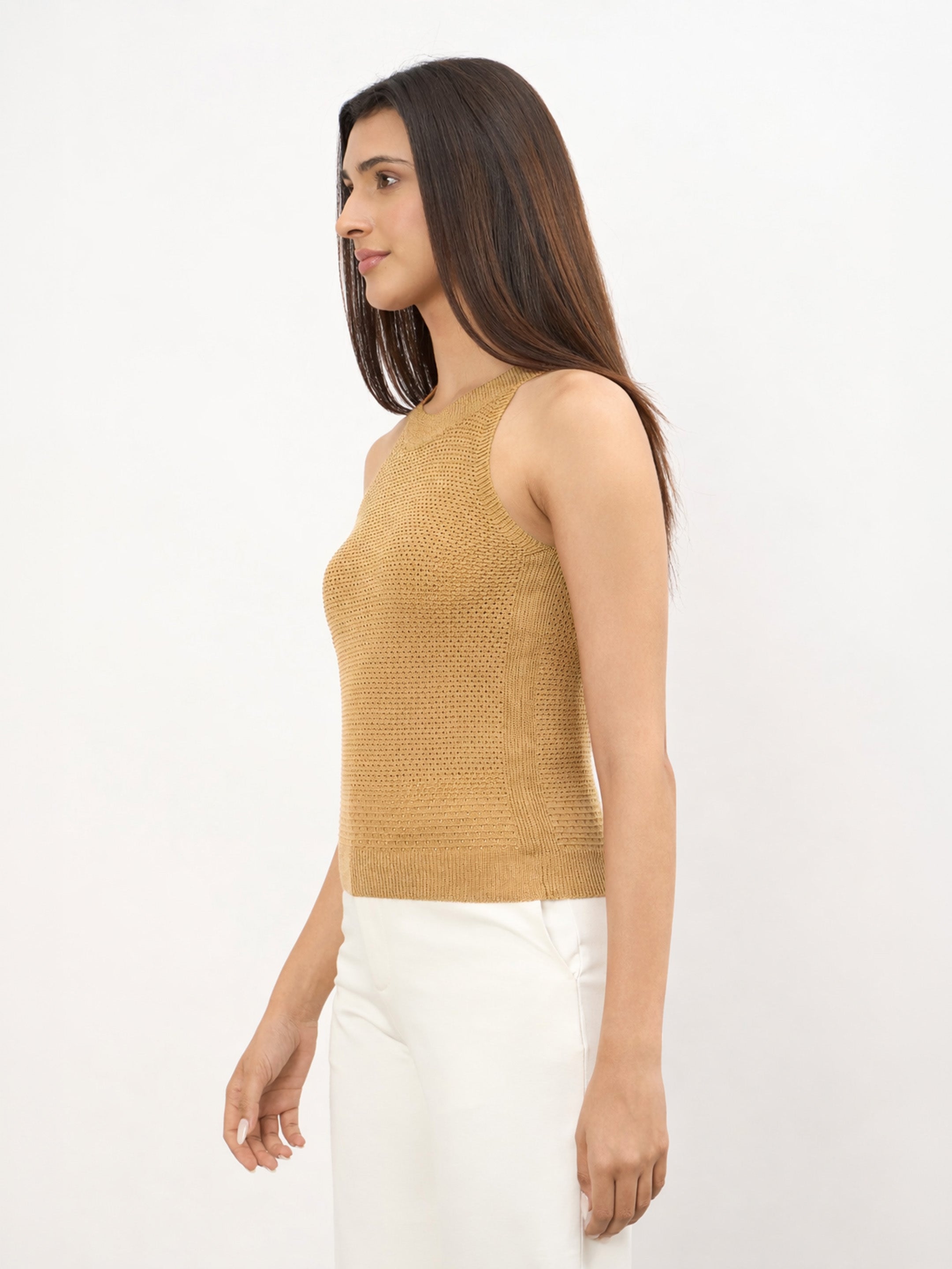 Women Beige Crochet Halter Neck Regular Top