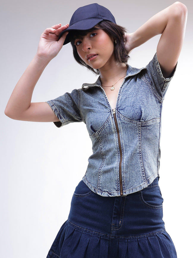 Women Blue Blast V-Neck Front Zipper Top