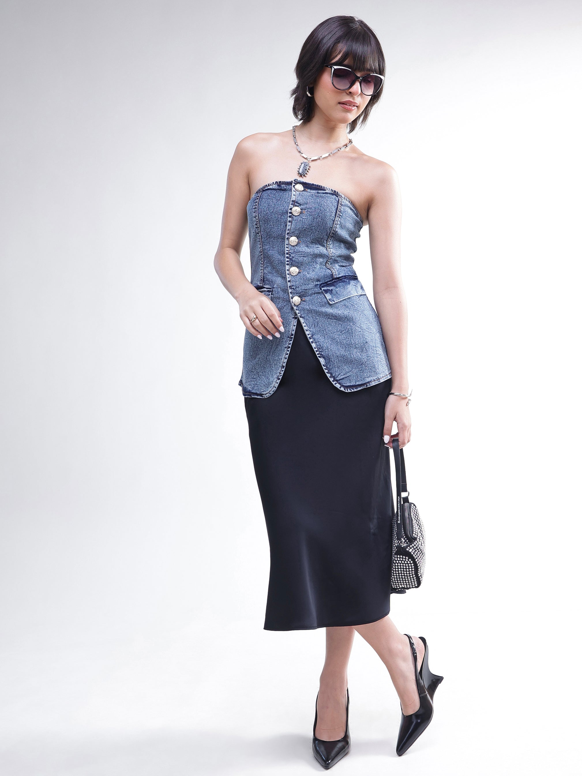 Women Blue Wash Denim Button Down Tube Top