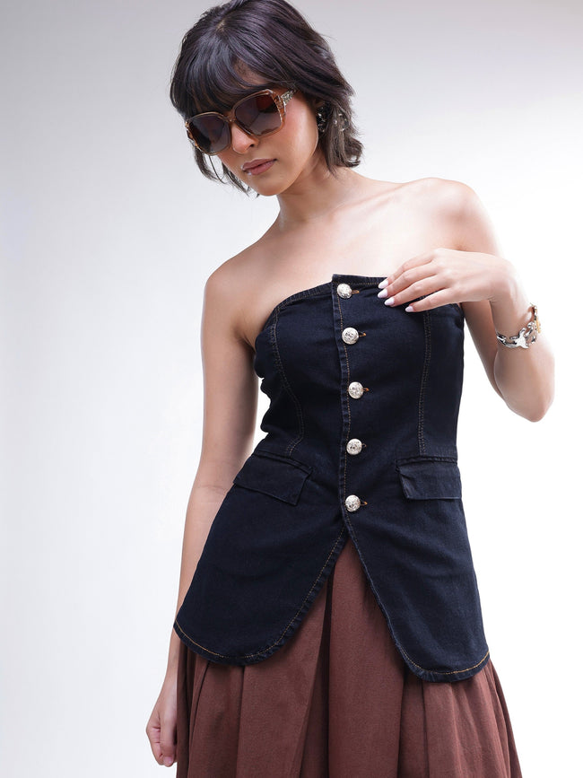 Women Black Denim Button Down Tube Top