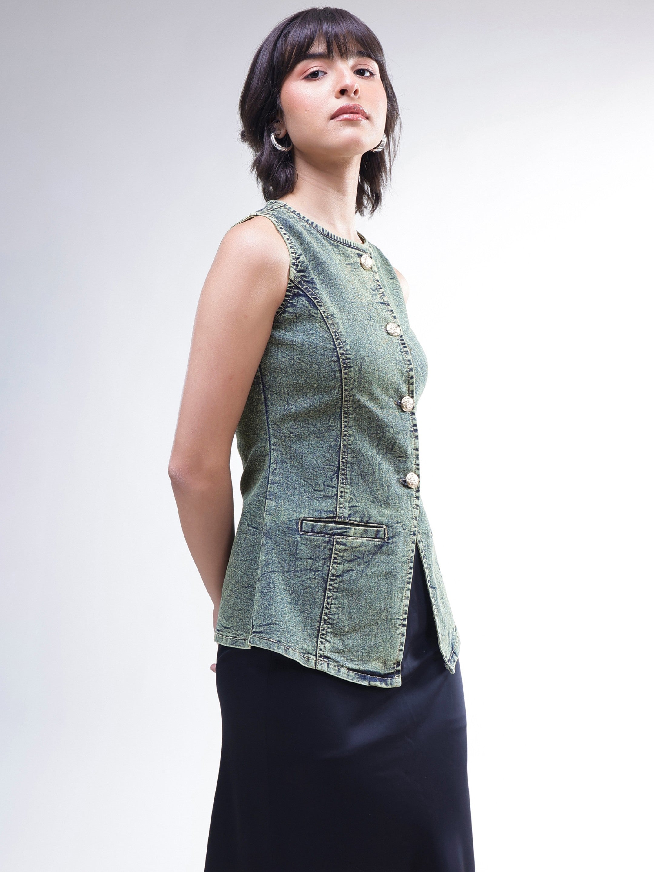Women Green Washed Denim Sleeveless Waistcoat