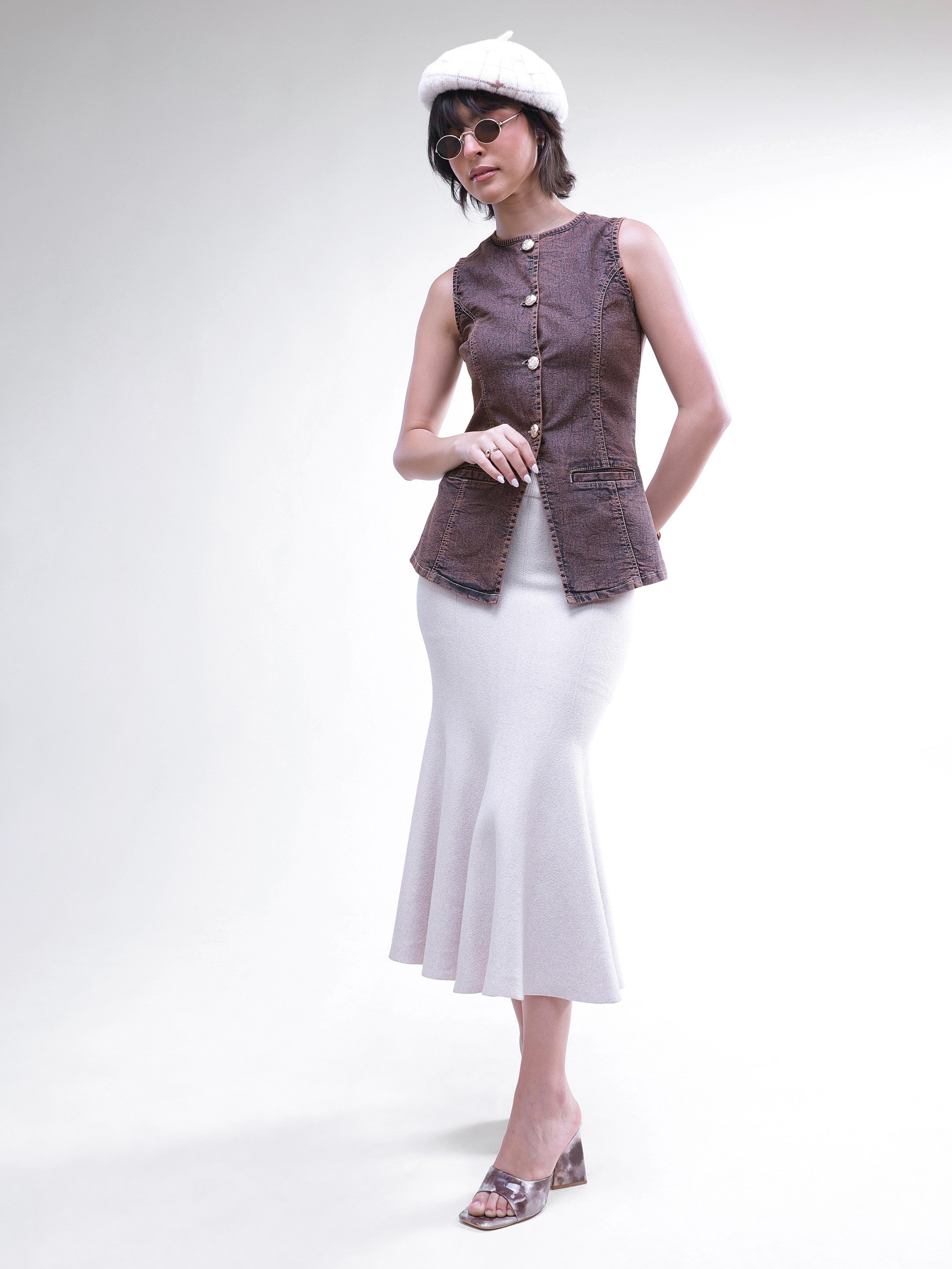 Women Brown Washed Denim Sleeveless Waistcoat