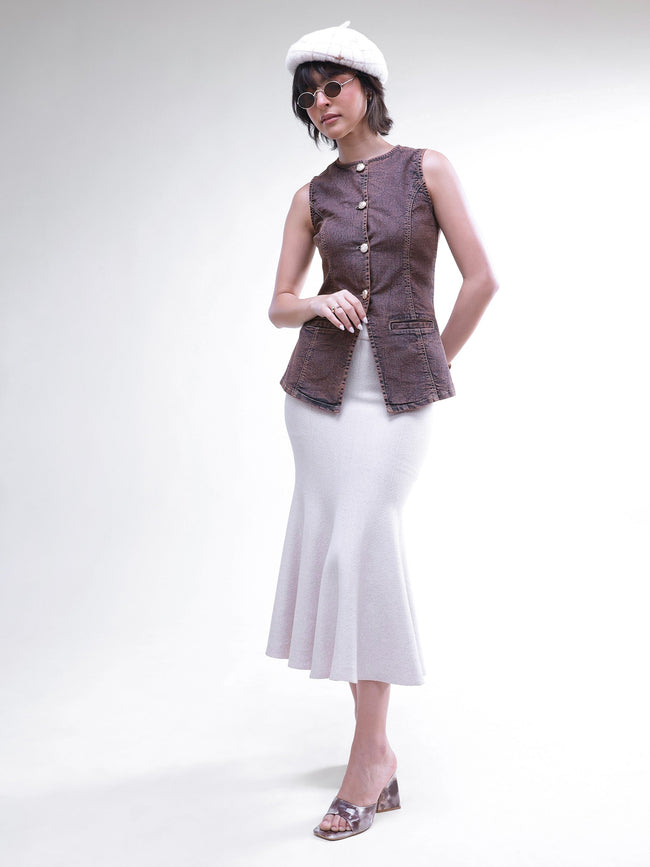 Women Brown Washed Denim Sleeveless Waistcoat