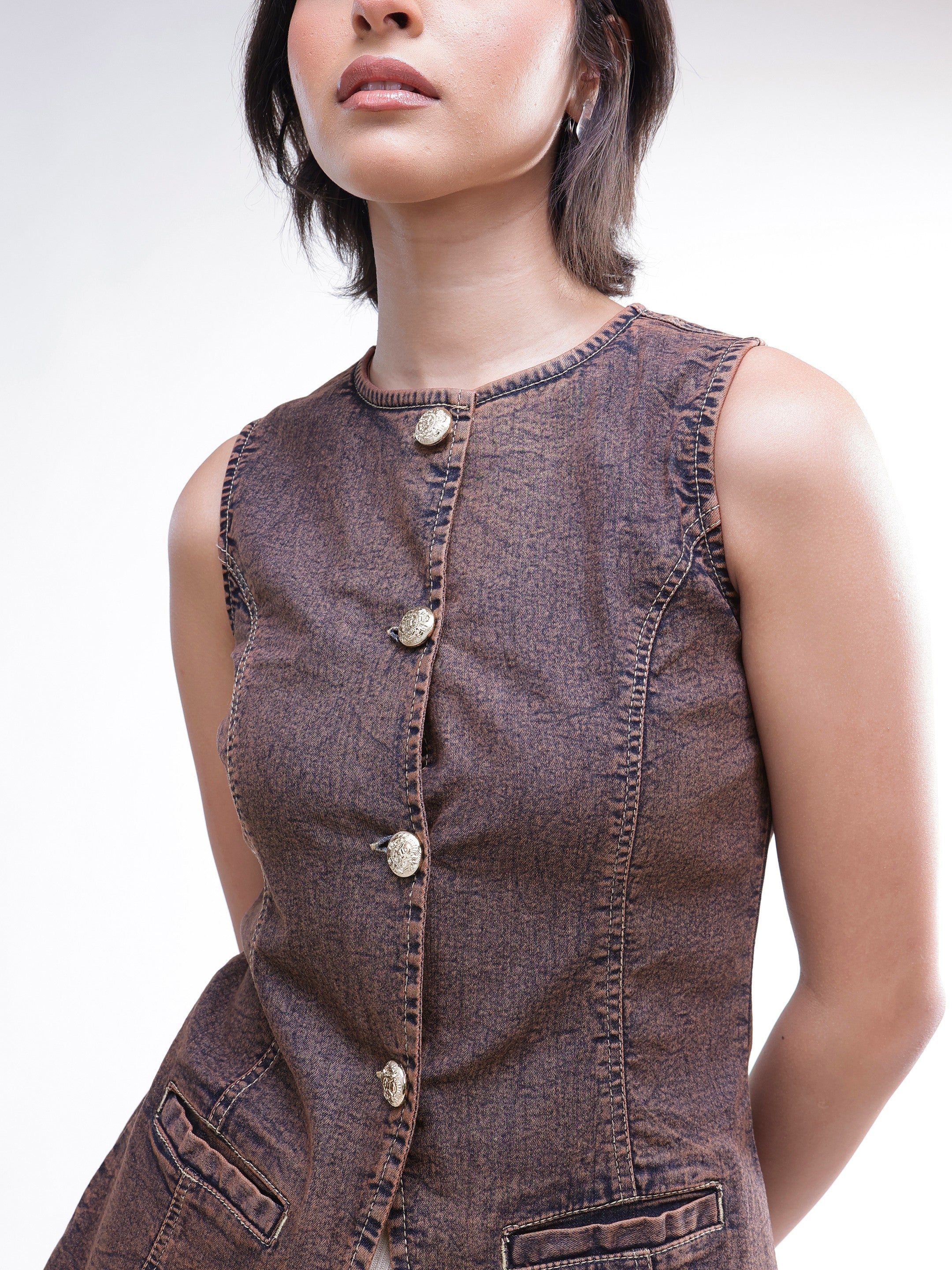 Women Brown Washed Denim Sleeveless Waistcoat