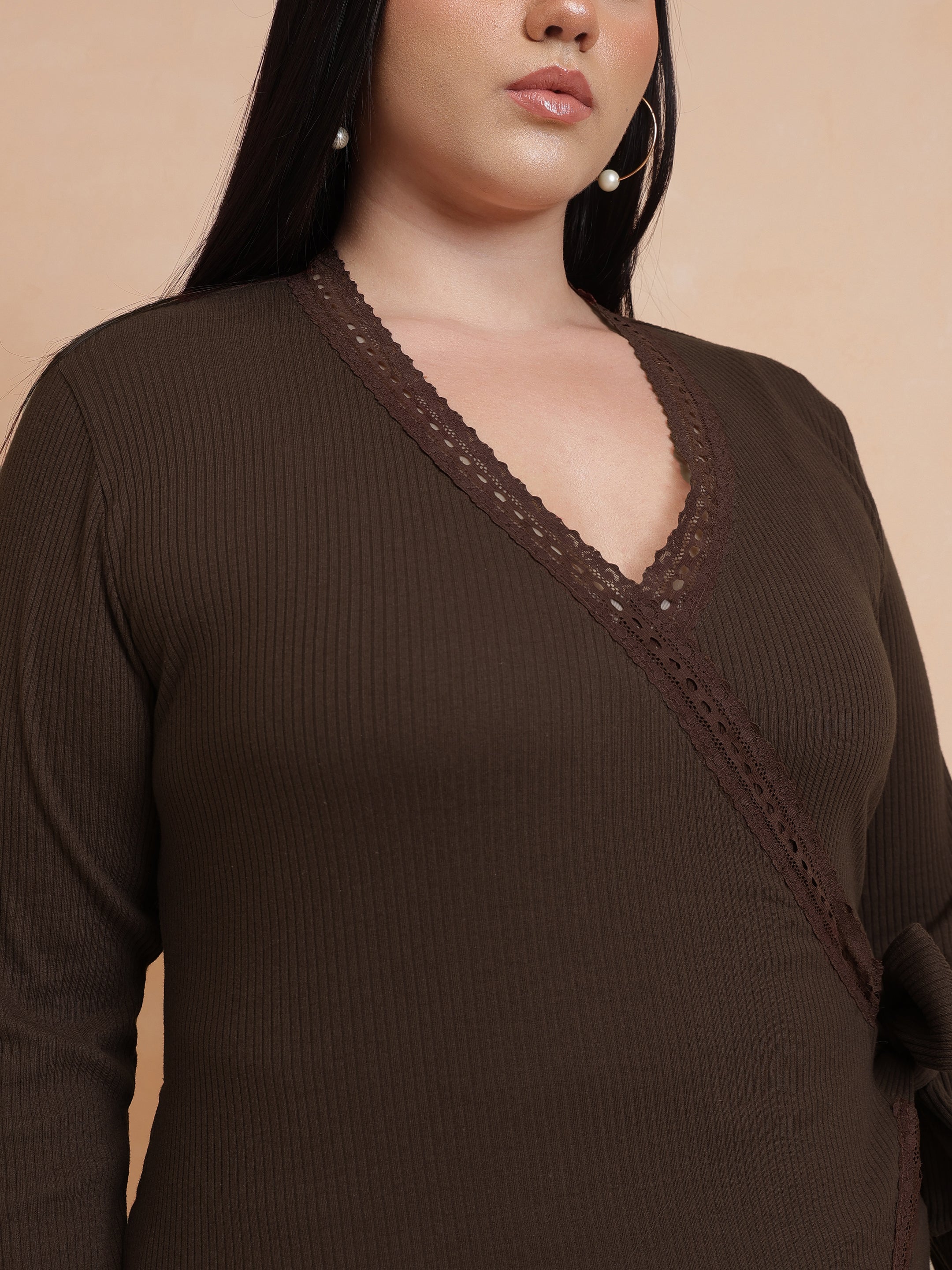 Women Brown Rib Wrap Top