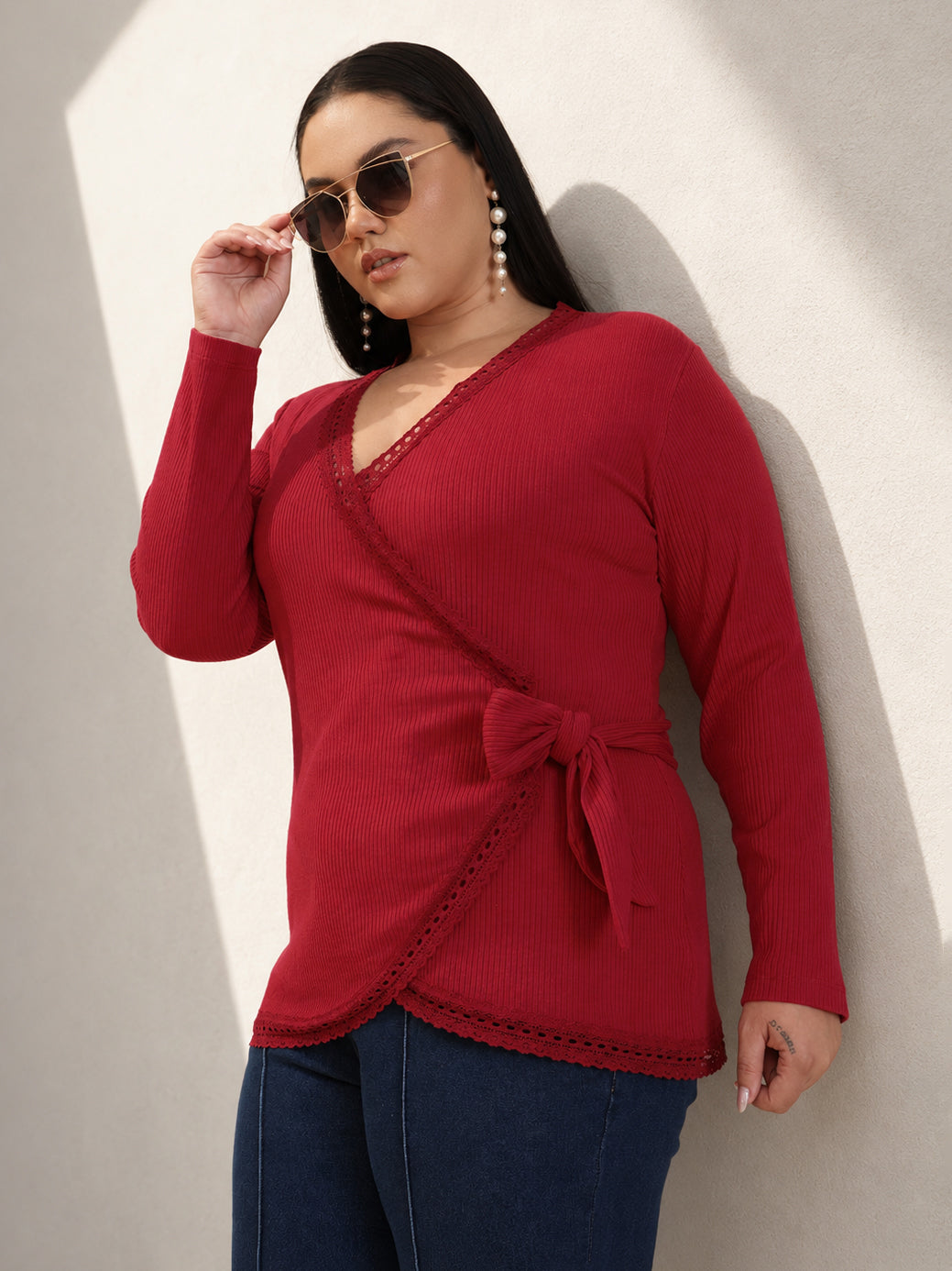 Women Red Rib Wrap Top