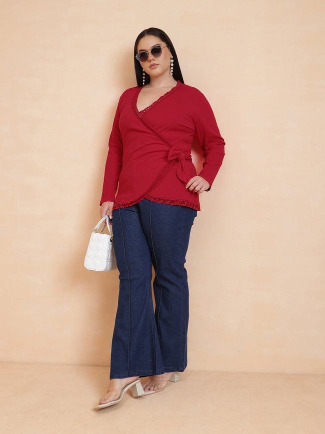 Women Red Rib Wrap Top