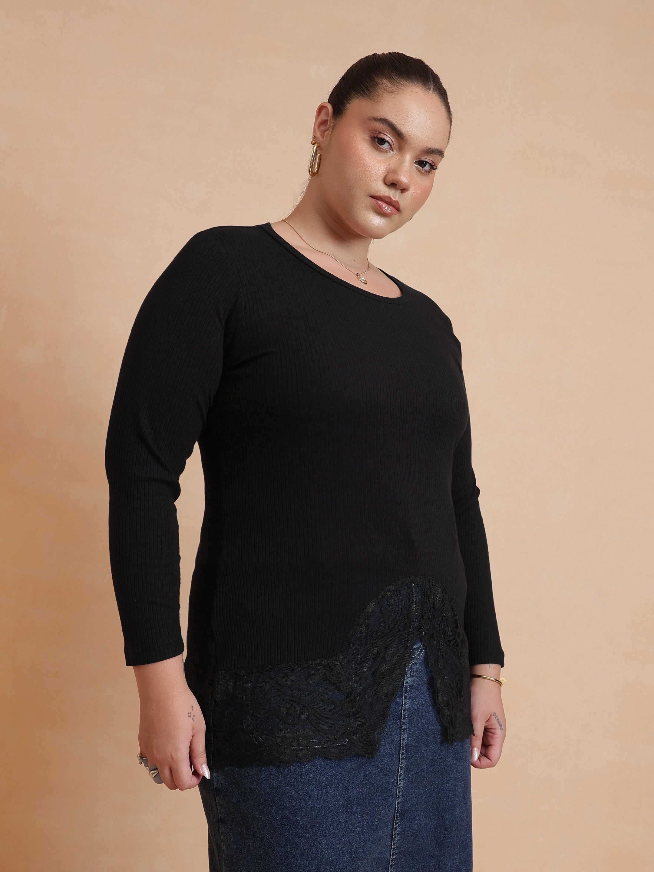 Women Black Rib Full Sleeves Top