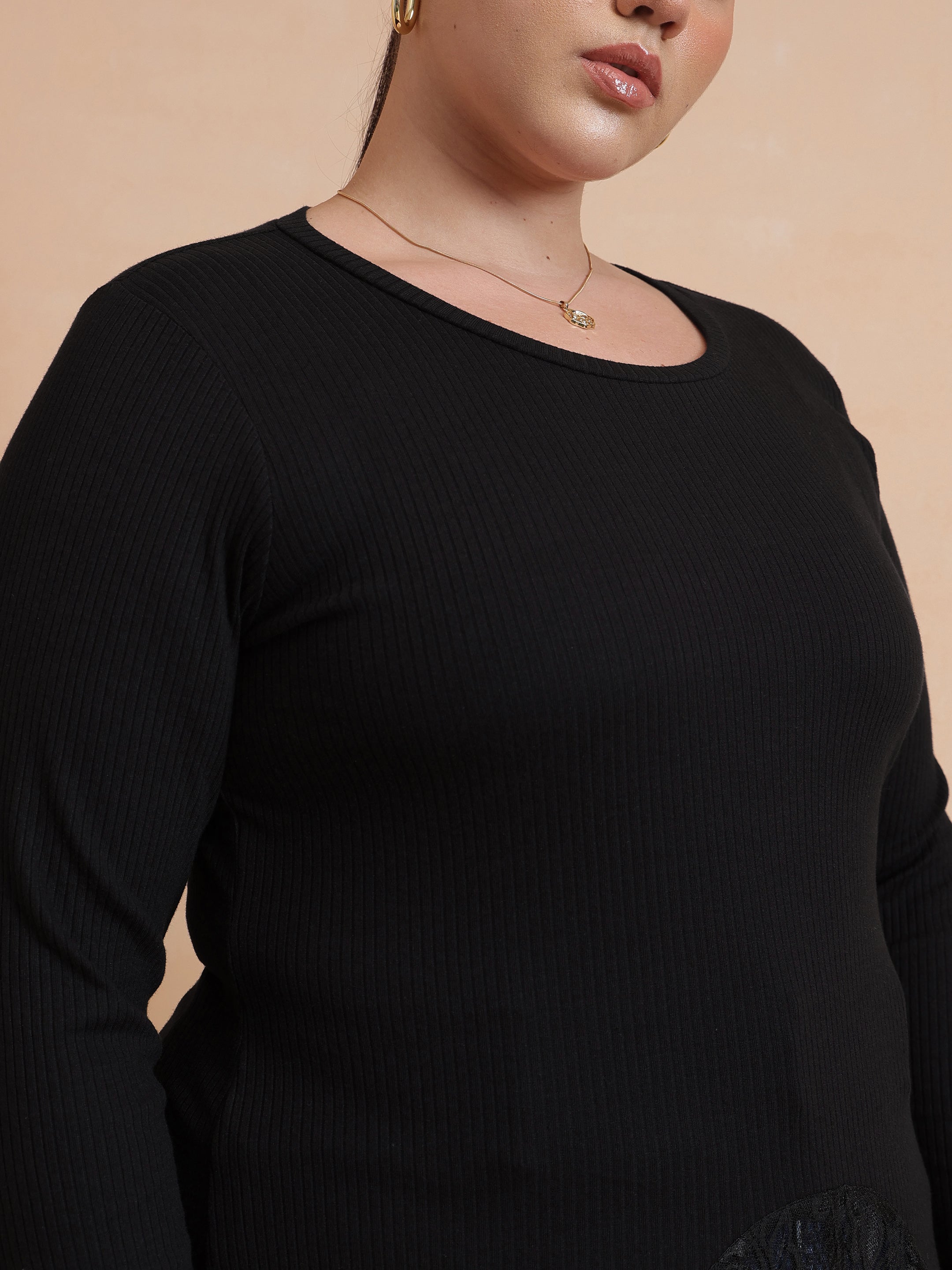 Women Black Rib Full Sleeves Top