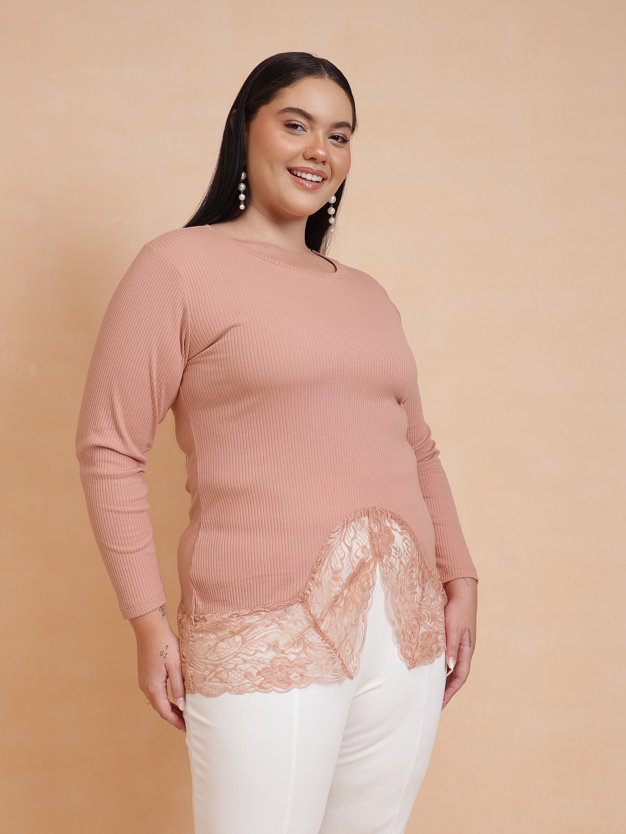 Women Onion Pink Rib Full Sleeves Top
