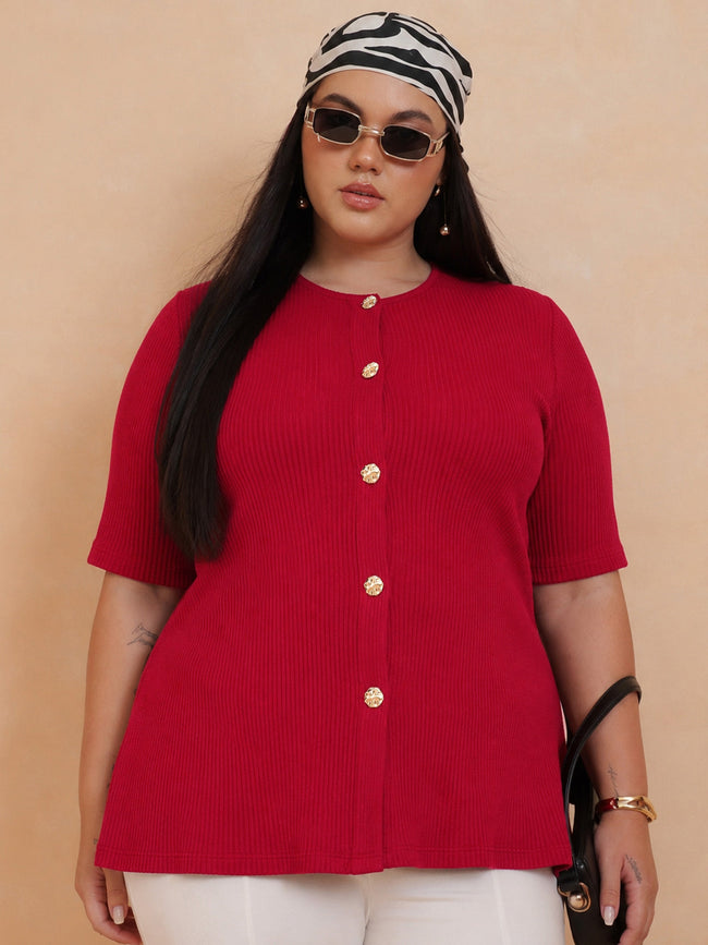 Women Red Rib Button Down Peplum Top