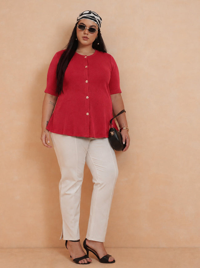Women Red Rib Button Down Peplum Top