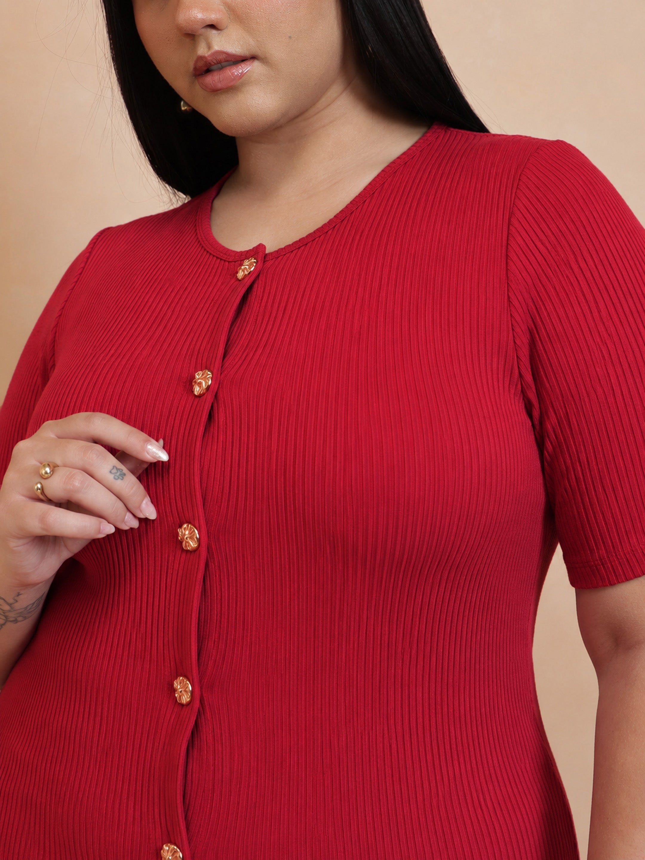 Women Red Rib Button Down Peplum Top