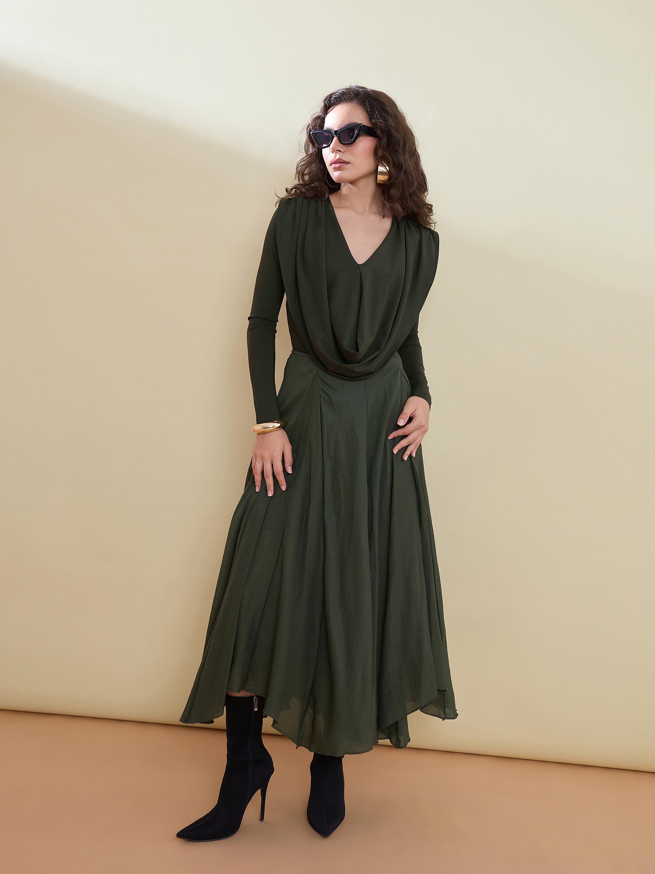 Women Olive Cowl Neck Full Sleeve Top