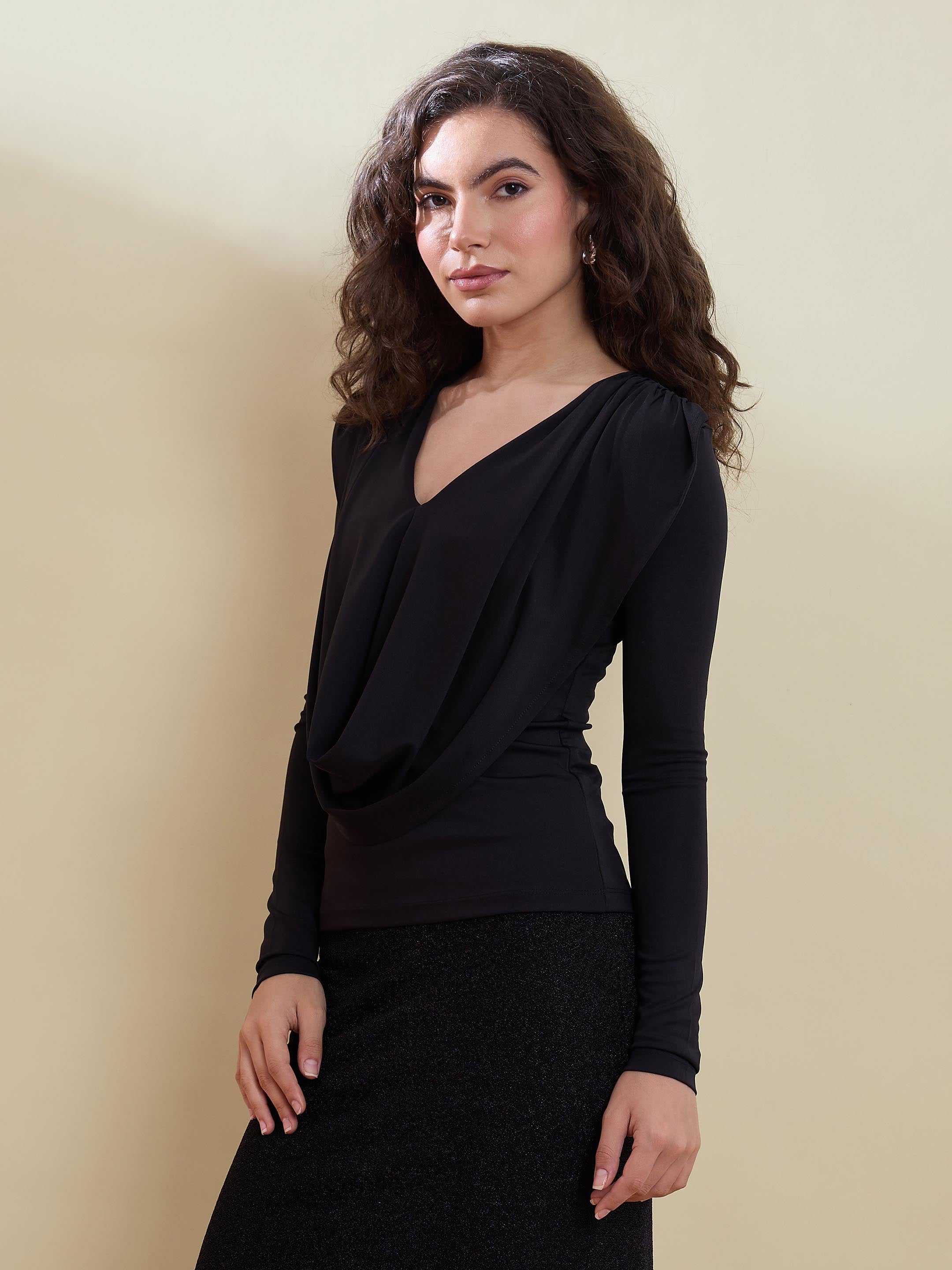 Women Black Cowl Neck Full Sleeve Top
