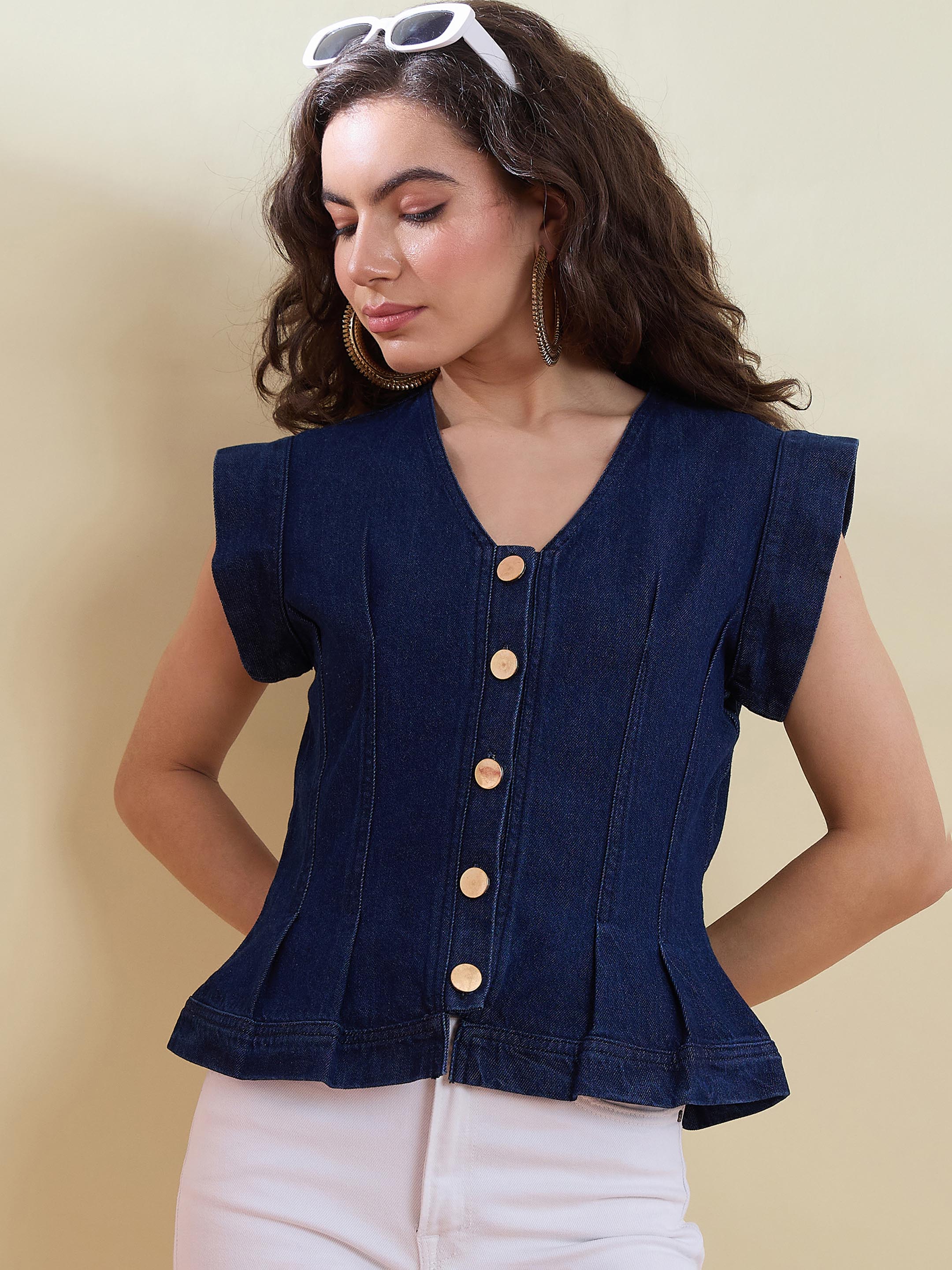 Women Navy Denim Button Front Darted Sleeveless Top
