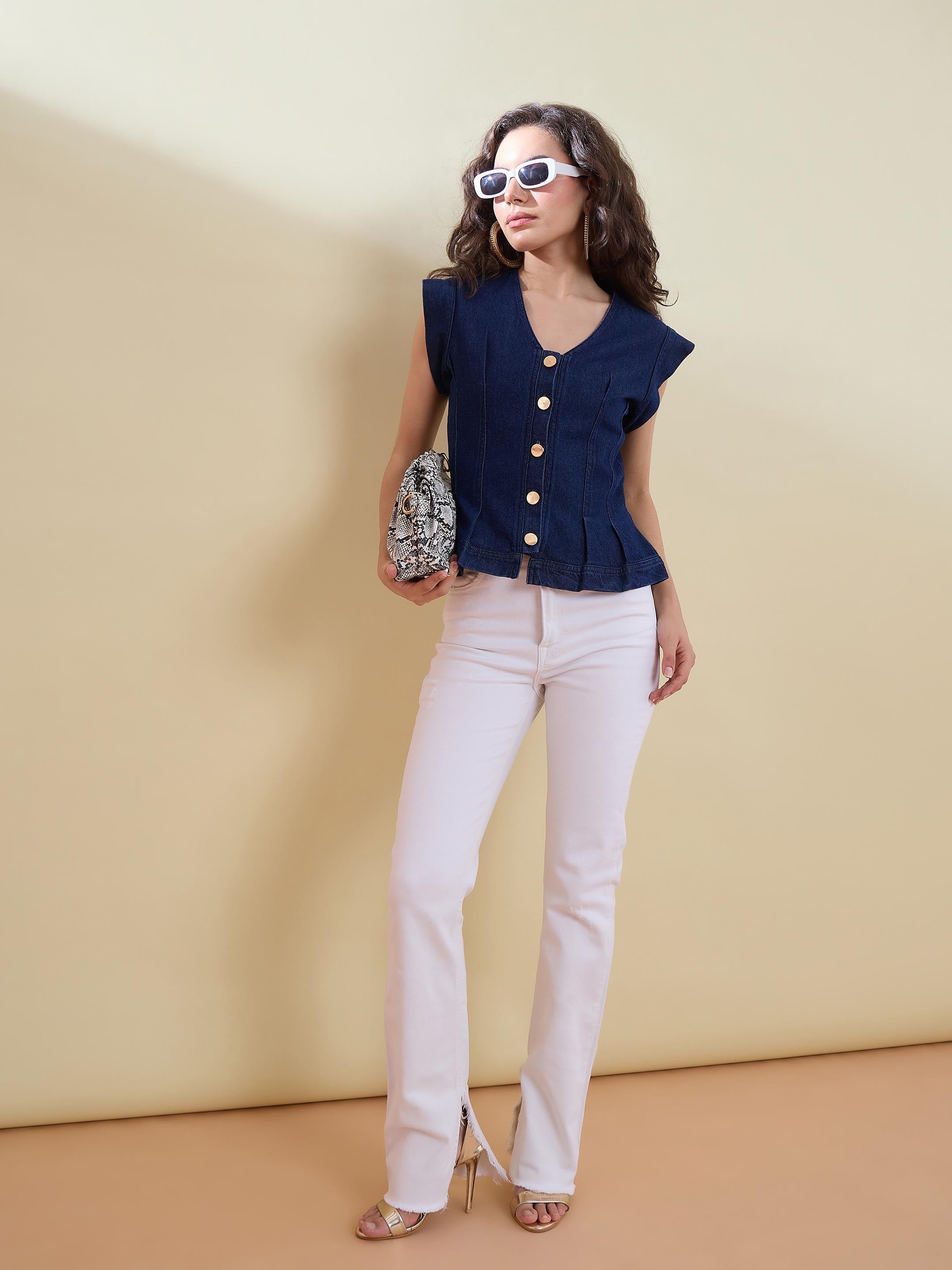 Women Navy Denim Button Front Darted Sleeveless Top