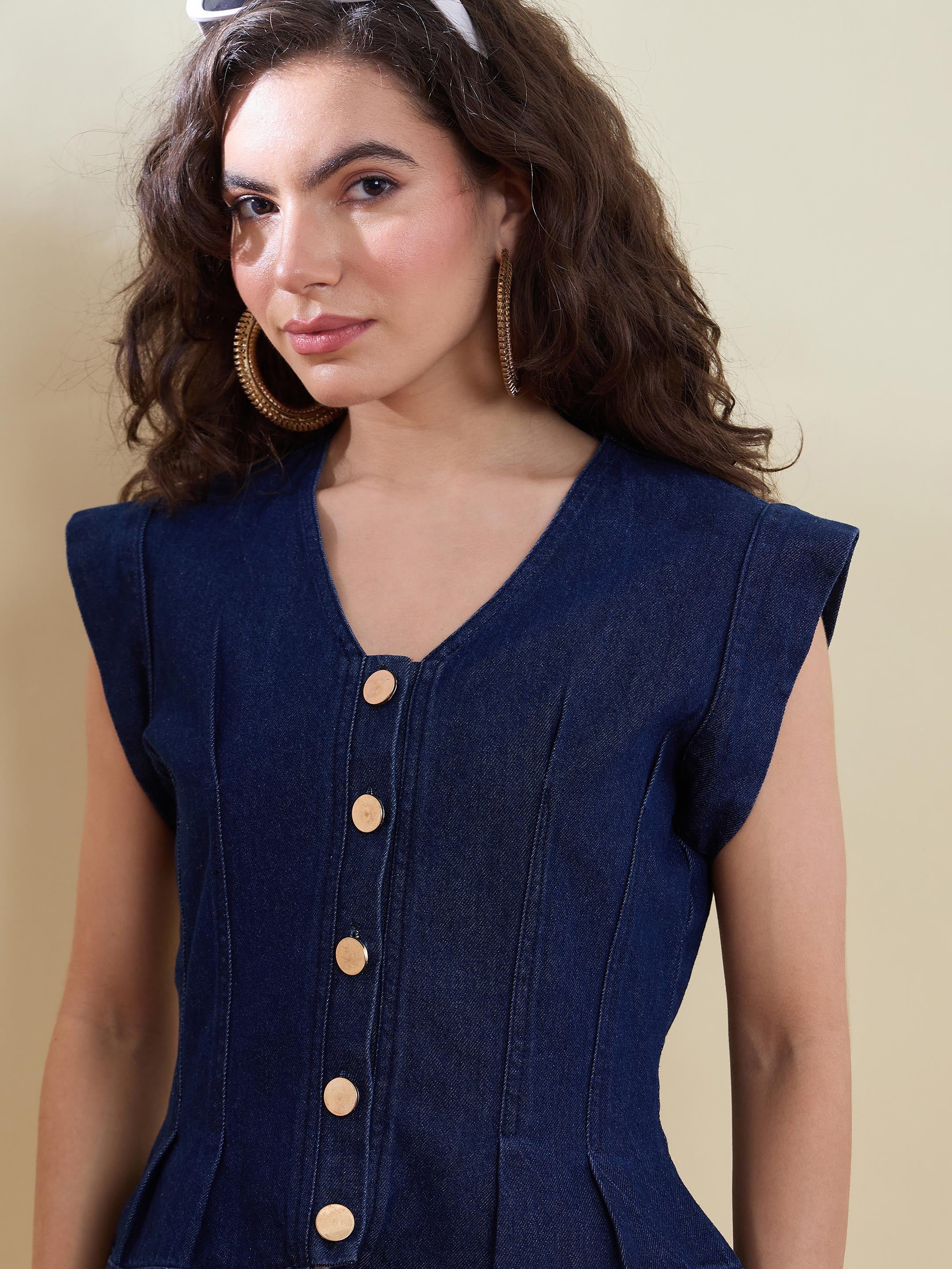 Women Navy Denim Button Front Darted Sleeveless Top