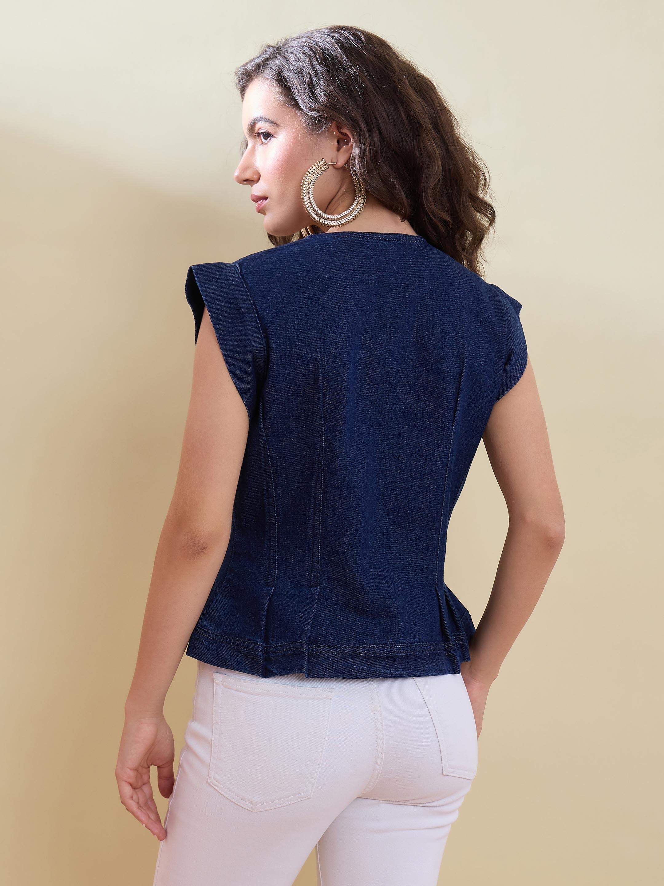 Women Navy Denim Button Front Darted Sleeveless Top