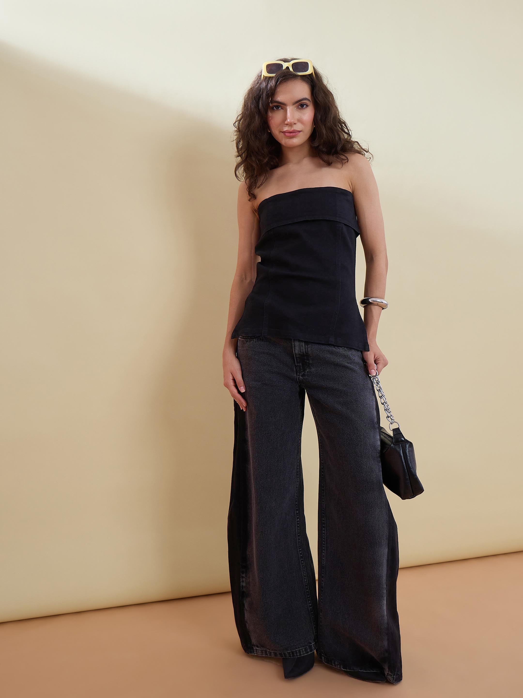 Women Black Denim Back Zipper Tube Top