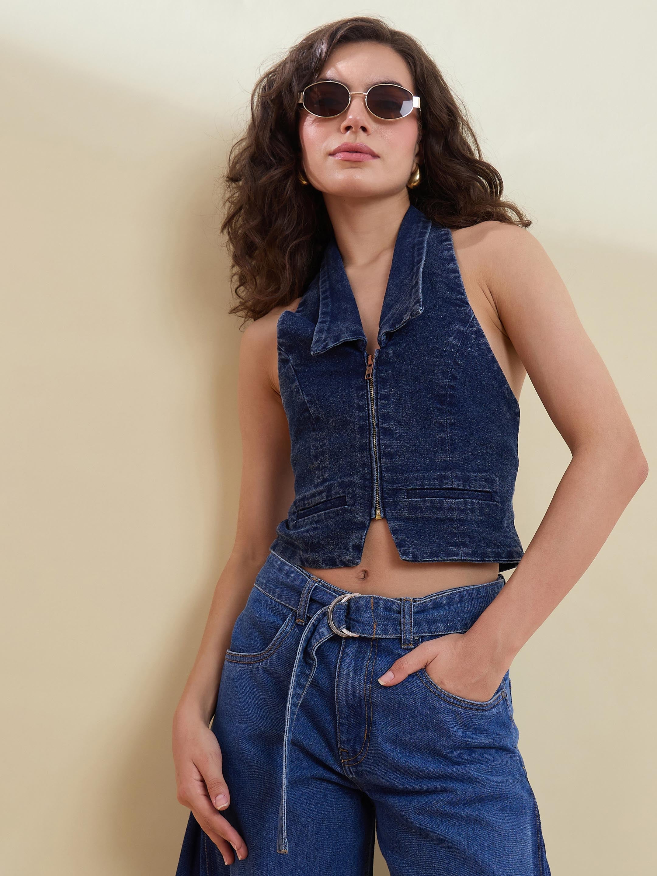 Women Blue Denim Halter Collared Top