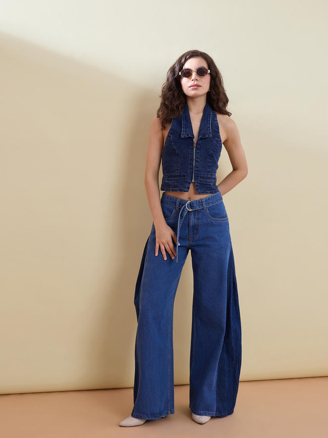 Women Blue Denim Halter Collared Top
