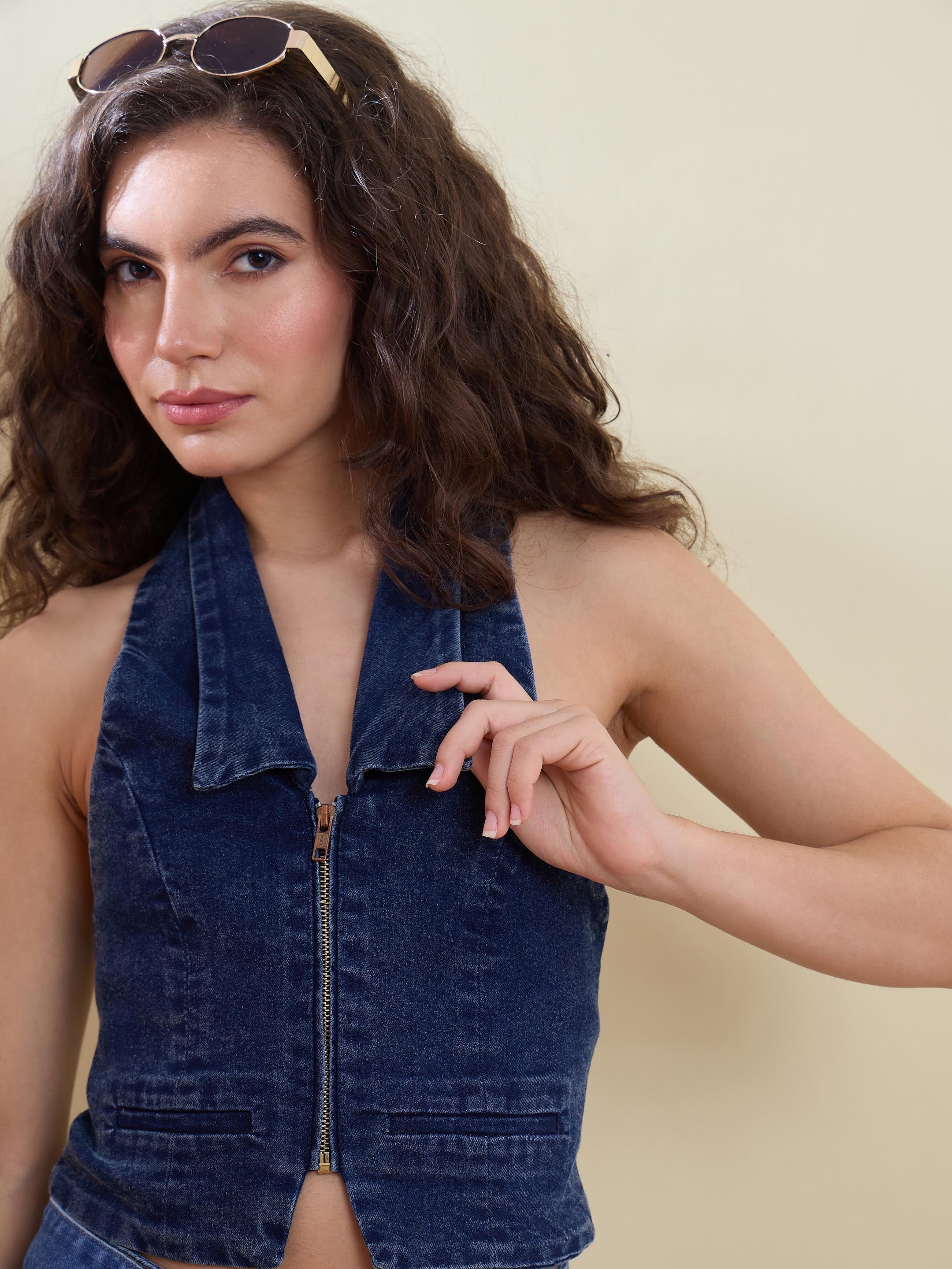 Women Blue Denim Halter Collared Top