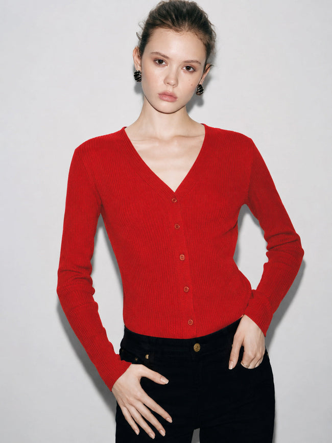 Women Red Rib Front Open Cardigan Top