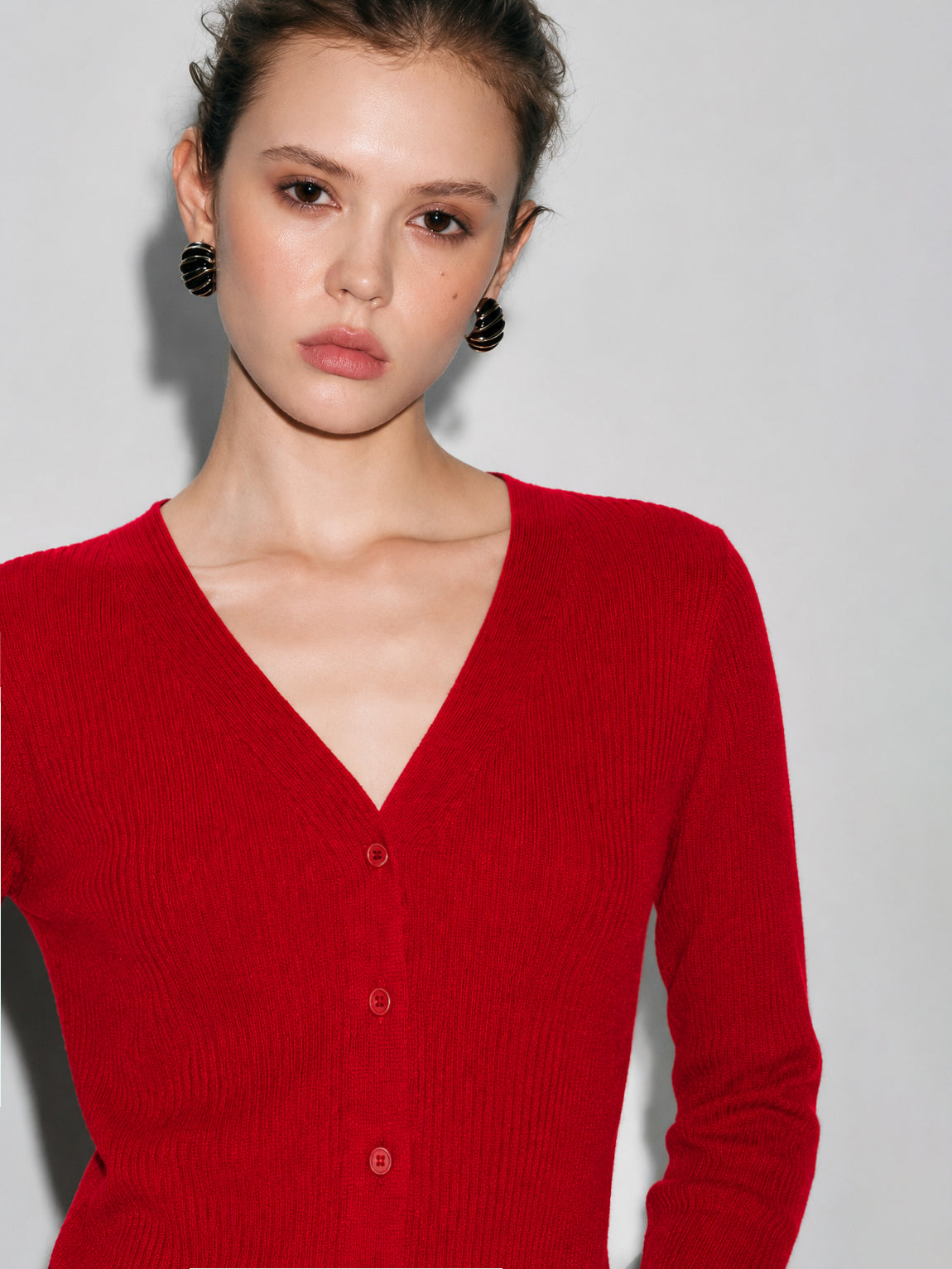 Women Red Rib Front Open Cardigan Top