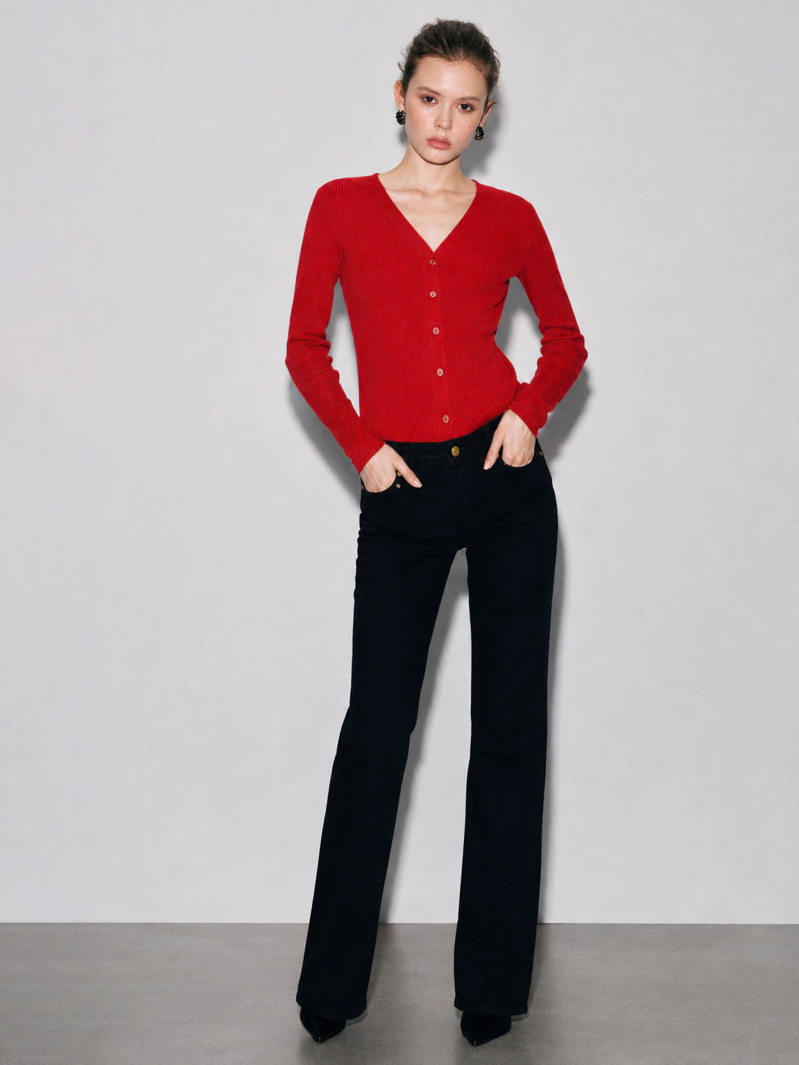 Women Red Rib Front Open Cardigan Top