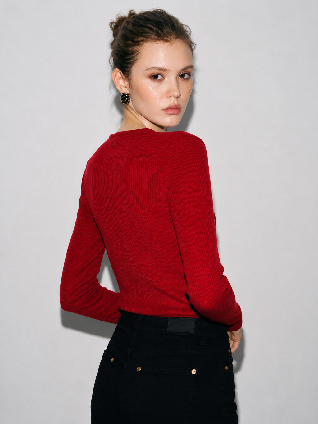 Women Red Rib Front Open Cardigan Top