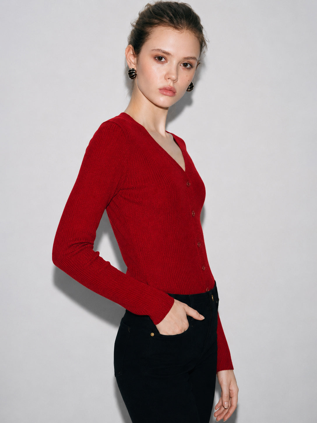 Women Red Rib Front Open Cardigan Top