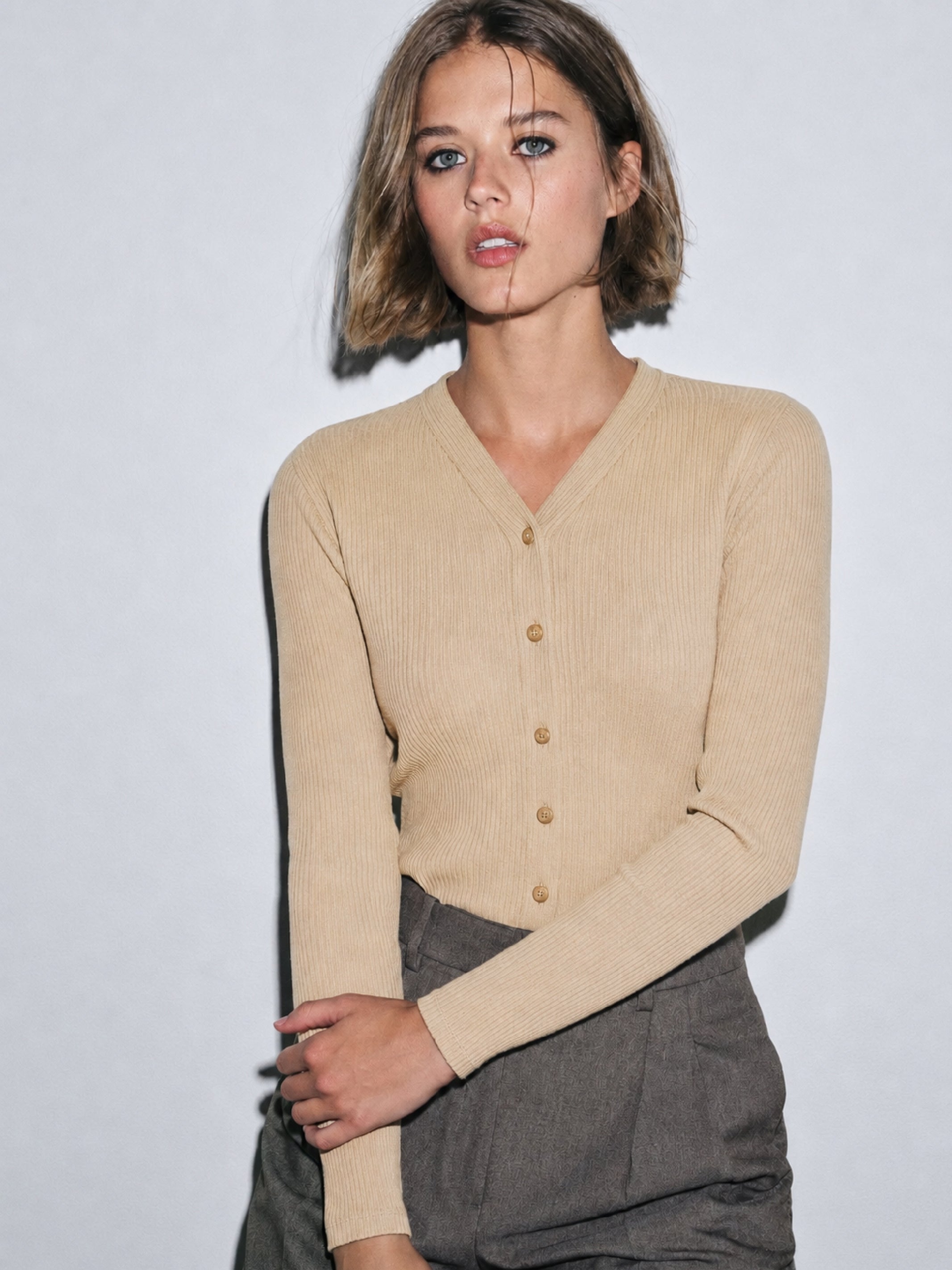 Women Beige Rib Front Open Cardigan Top