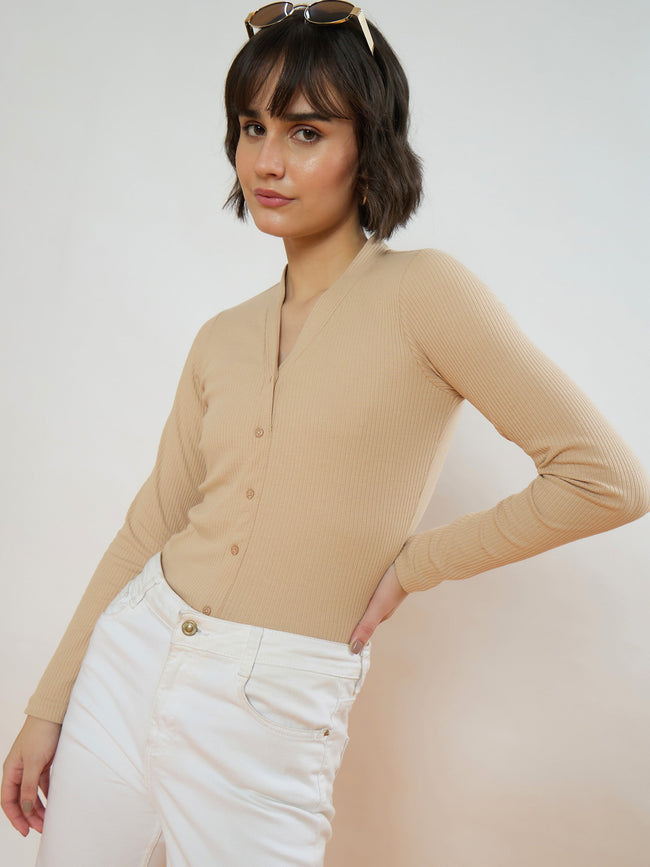 Women Beige Rib Front Open Cardigan Top